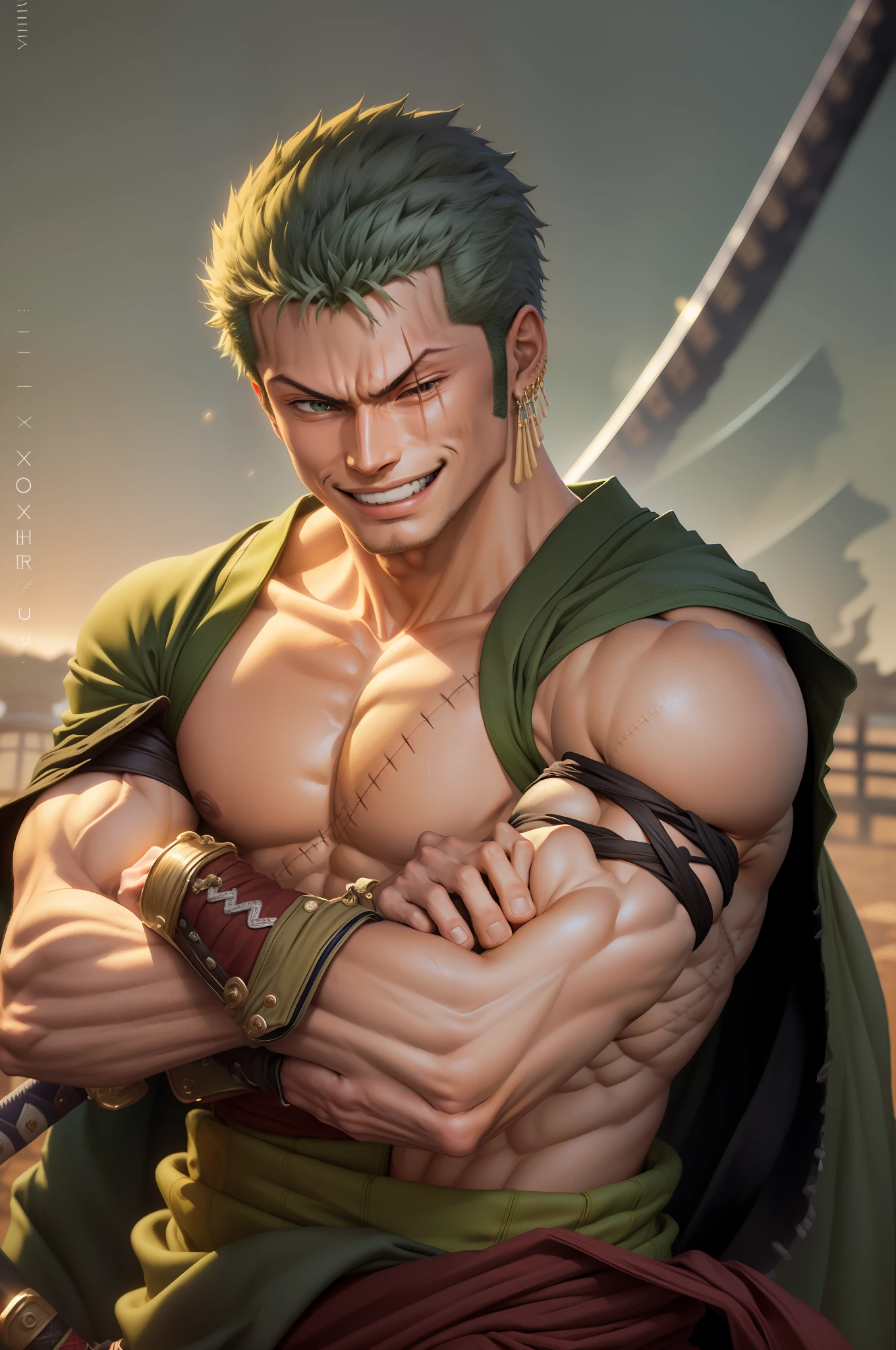 (masterpiece, best quality:1.2), cowboy shot, solo, male focus, 1boy, roronoa zoro, scar, muscular male, grin, looking at viewer, (dual wielding:1.2) katanas, crossed arms, japanese clothes, green kimono