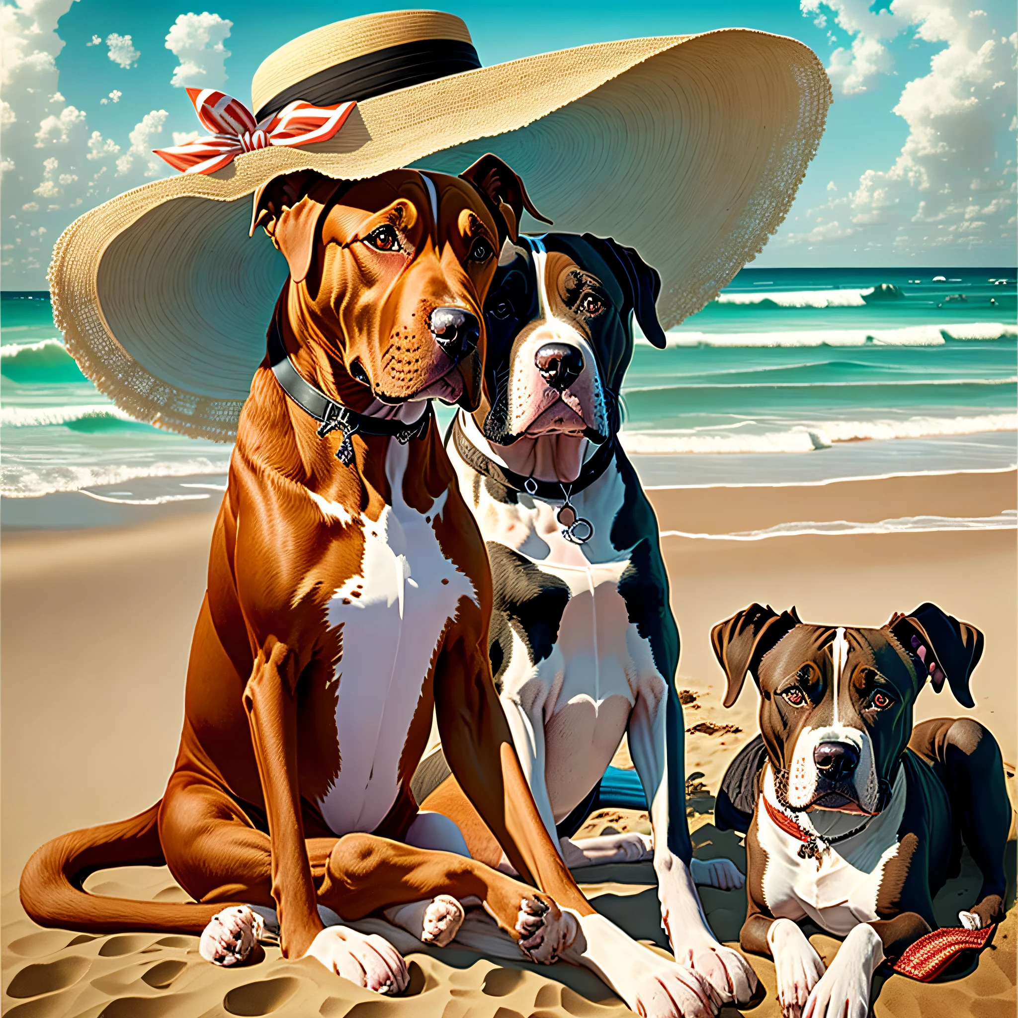 there are two dogs, pitbull red nose, sitting on the beach with a hat on, vacation photo, on a sunny beach, it's is relaxing on a beach, two dogs, relaxing at the beach, by Aleksander Kotsis, photo of a beautiful, by Bernie D’Andrea, sitting at the beach, by Harold von Schmidt, at the beach --auto --s2