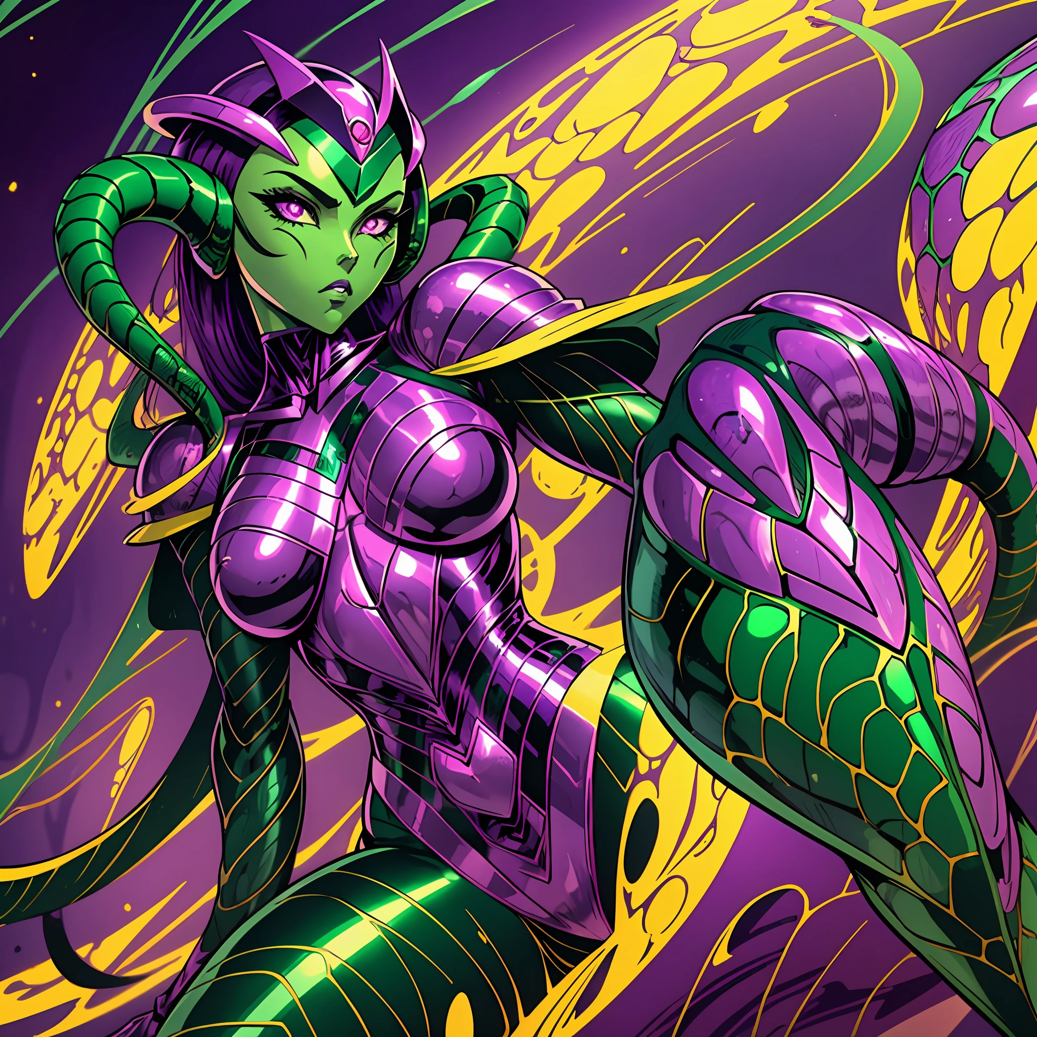 Cartoon photo of a woman in a green and purple costume, hot insect humanoid woman, Guyver style, NSFW version, red eye, scarab reploid, tentacles imitating a snake's tail, cel shade adult animation, alien queen, serpentine pose, --auto --s2