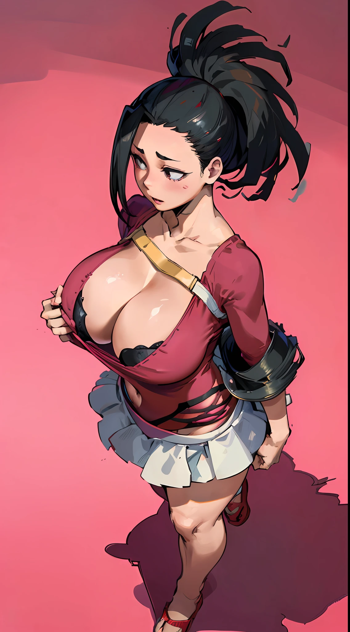 (Best Quality, 8k, 32k,1 Girl, Momo Yaoyorozu, Black Hair, Red Clothes, Gigantic Breasts, Perfect Body, Ultra Detailed Face, Detailed Lips, Thin Eyes, Torn Dress, Standing, Seductive, Excited, Areolas, In the Heat, Pink Panties.