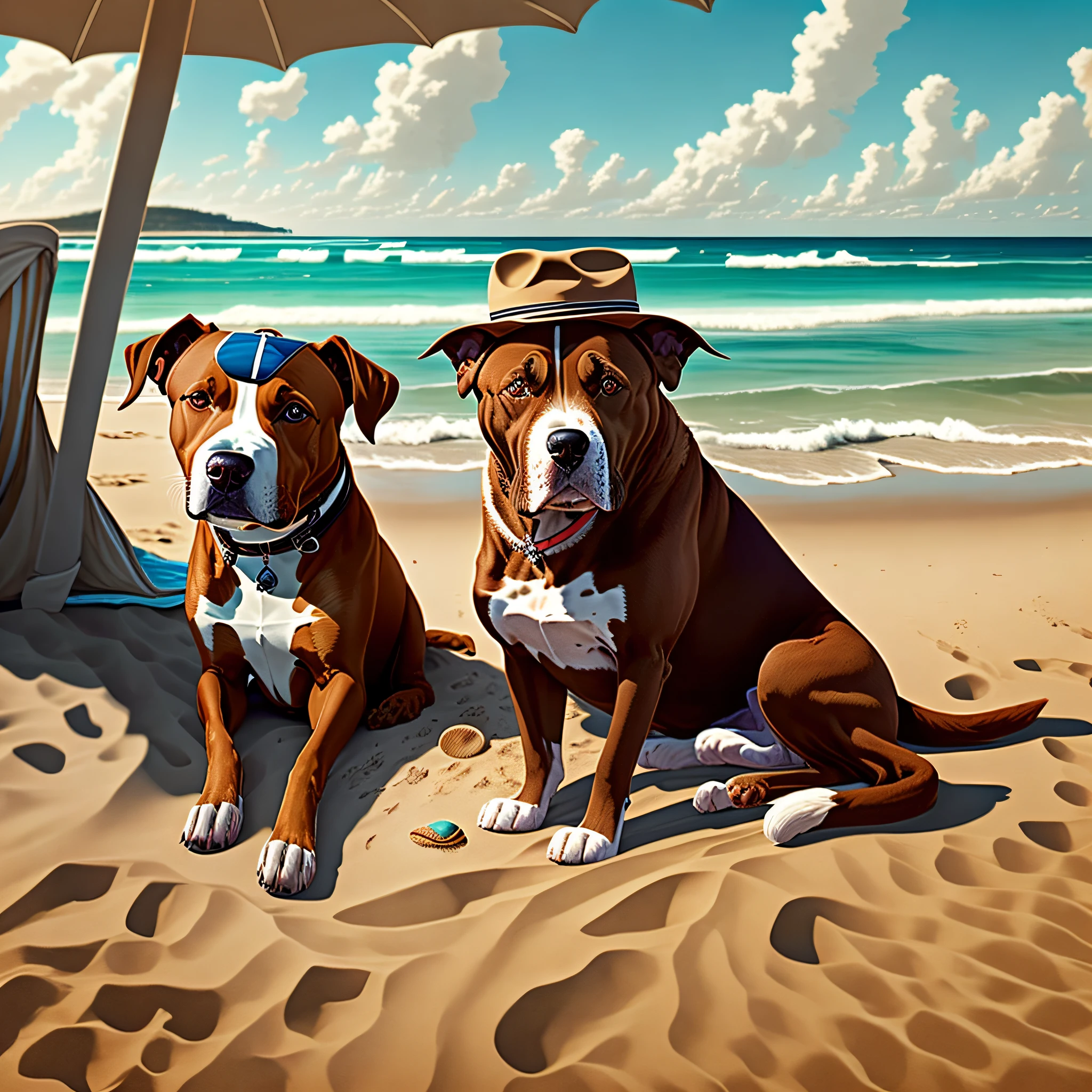 there are two dogs, pitbull red nose, sitting on the beach with a hat on, vacation photo, on a sunny beach, it's is relaxing on a beach, two dogs, relaxing at the beach, by Aleksander Kotsis, photo of a beautiful, by Bernie D’Andrea, sitting at the beach, by Harold von Schmidt, at the beach --auto --s2