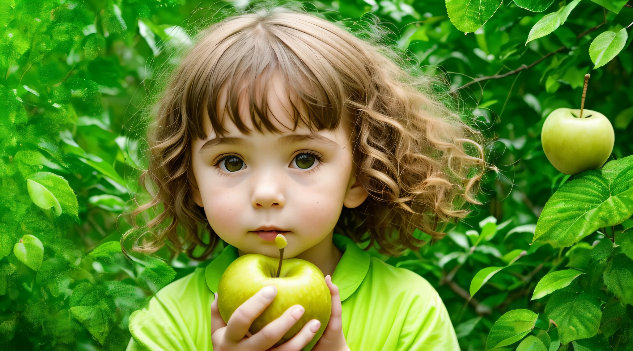 CHILD girl holding two green apples in front of her face, holding an apple, eating fruits a safe apple in hand, green apples, green slime, promo still,, 3 4 5 3 1, photoshoot --auto --s2
