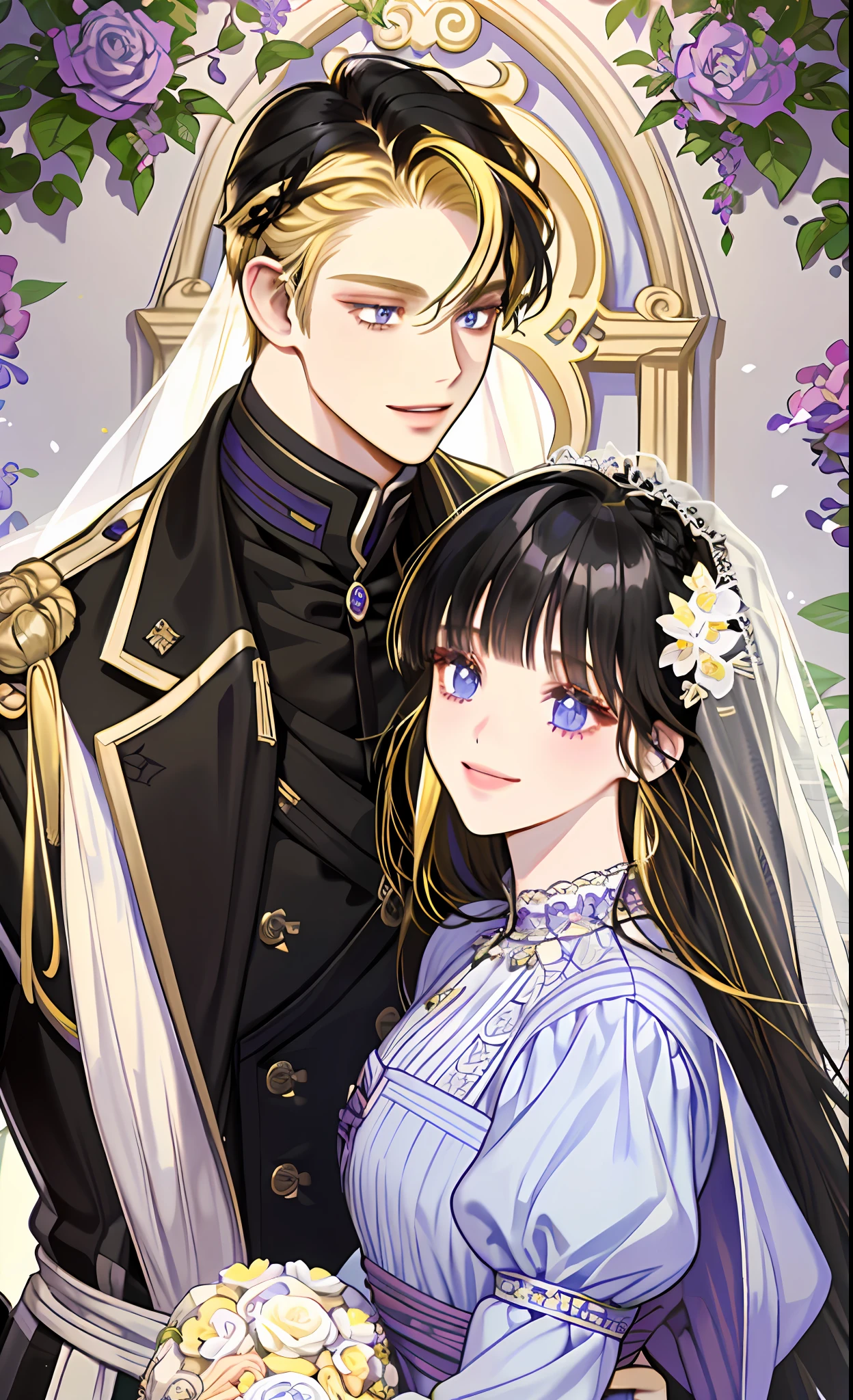 masterpiece, best quality, 2others, couple, 1man with 1woman, Height difference, happy, love, smile, flower-filled landscape, forehead, ((blonde hair man)), (((black hair girl))), ((blunt bangs girl)), purple eyes girl, blue eyes man, ((wedding couple))