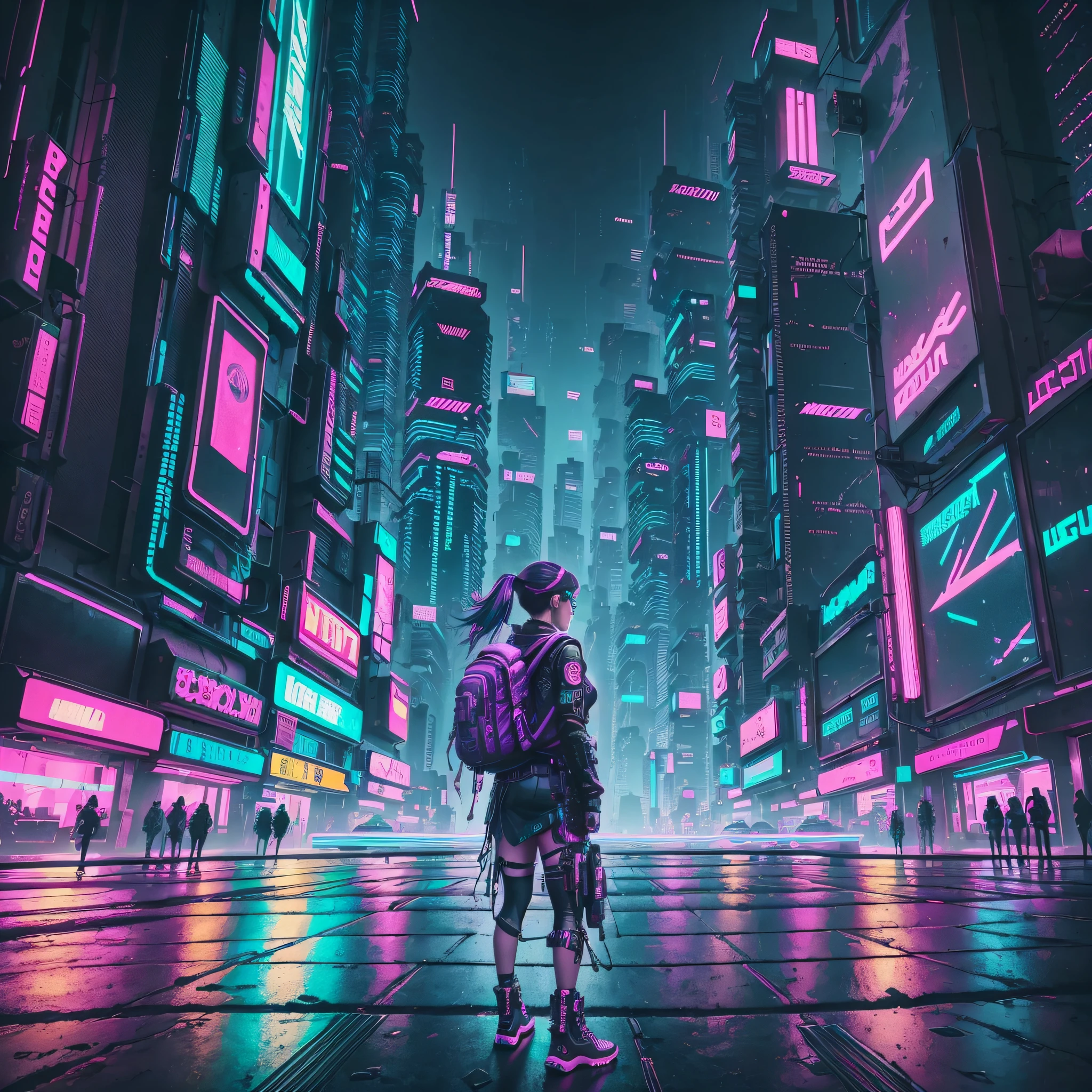 a woman a backpack standing in front of a city with neon lights, in cyberpunk city, cyberpunk vibe, cyberpunk in a cyberpunk city, has cyberpunk style, increasingly cyberpunk, in cyberpunk aesthetics, beeple!!, hybrid style beeple blend, cyberpunk aesthetic, cyberpunk aesthetic, beeple style, cyberpunk vibrant colors, cyberpunk vibes --auto --s2