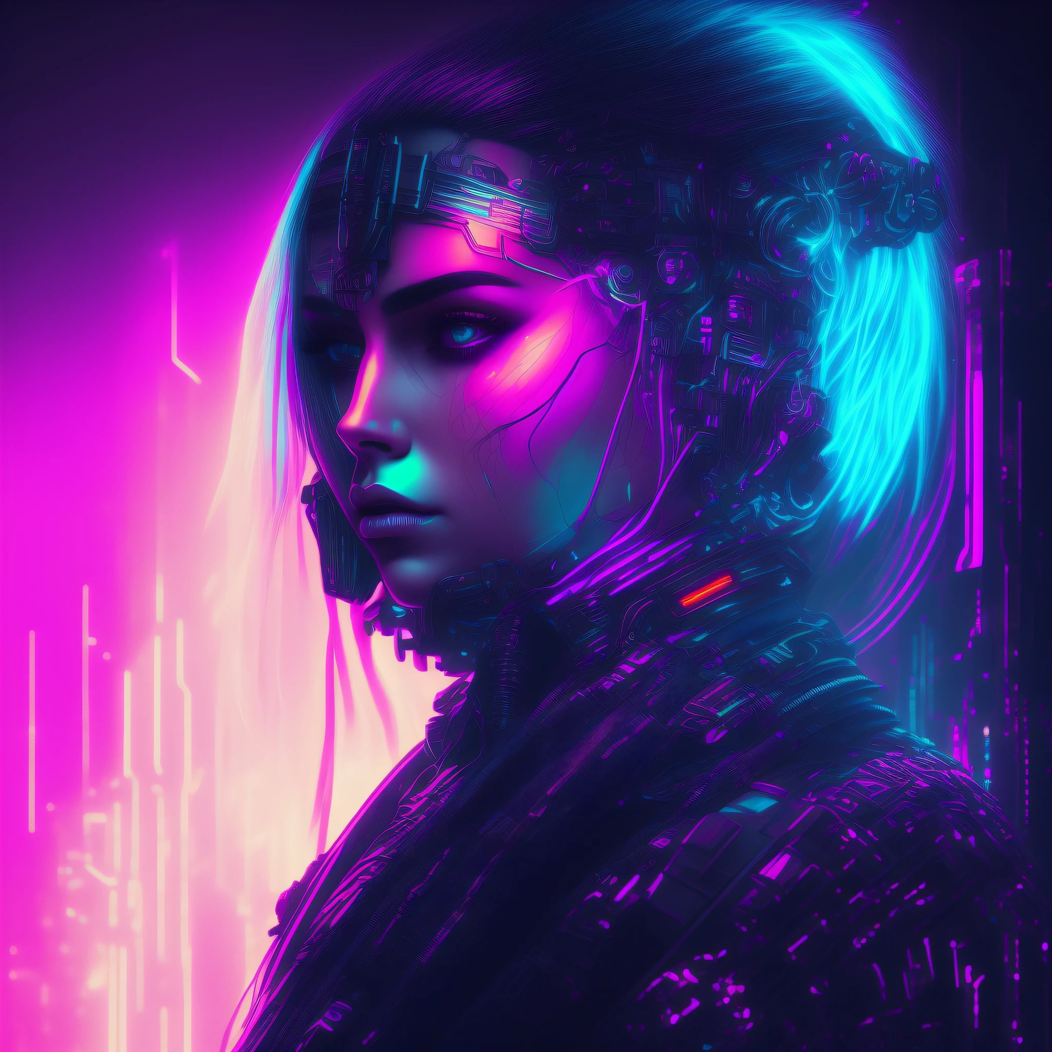 woman, cyberpunk style portrait, futuristic (neon: 1.1) reflective wear, science fiction. artgern, art, illustration, ((dark environment)), ((vegnette)), ((HDR)) ((minimal palette colors)), soft tones, soft colors, faint colors, calm, highly detailed pastel colors, intricate details