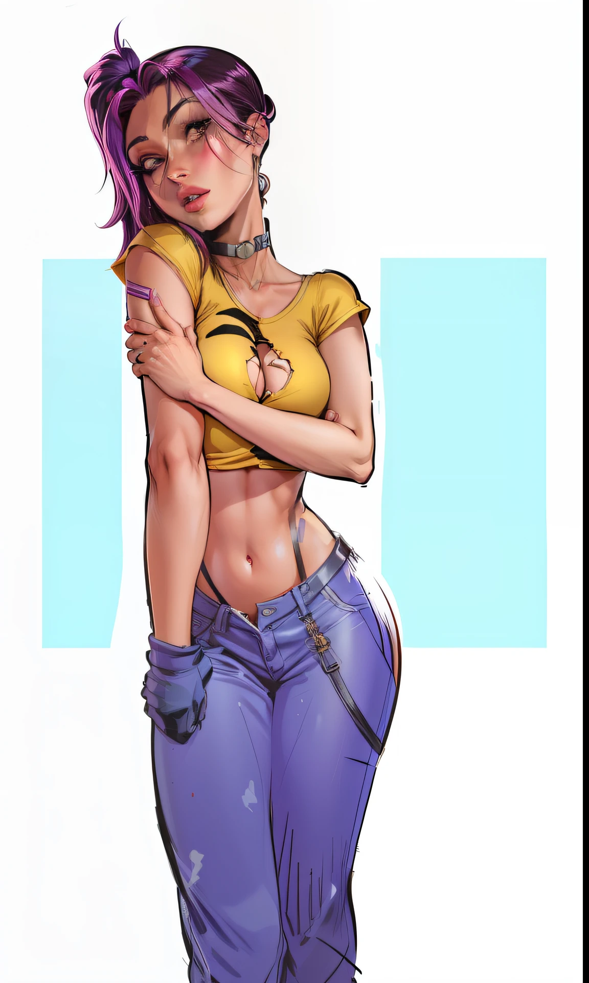 a close up of a cartoon of a woman with a cat on her shoulder, faye valentine, faye valentine from cowboy bebop, comic character, gadget hackwrench, comic book character, tifa, android 18, comic pinup style, chloe price, betty cooper, nico robin, her belly on is exposed, pinup body, chun - li, chun-li, brigitte