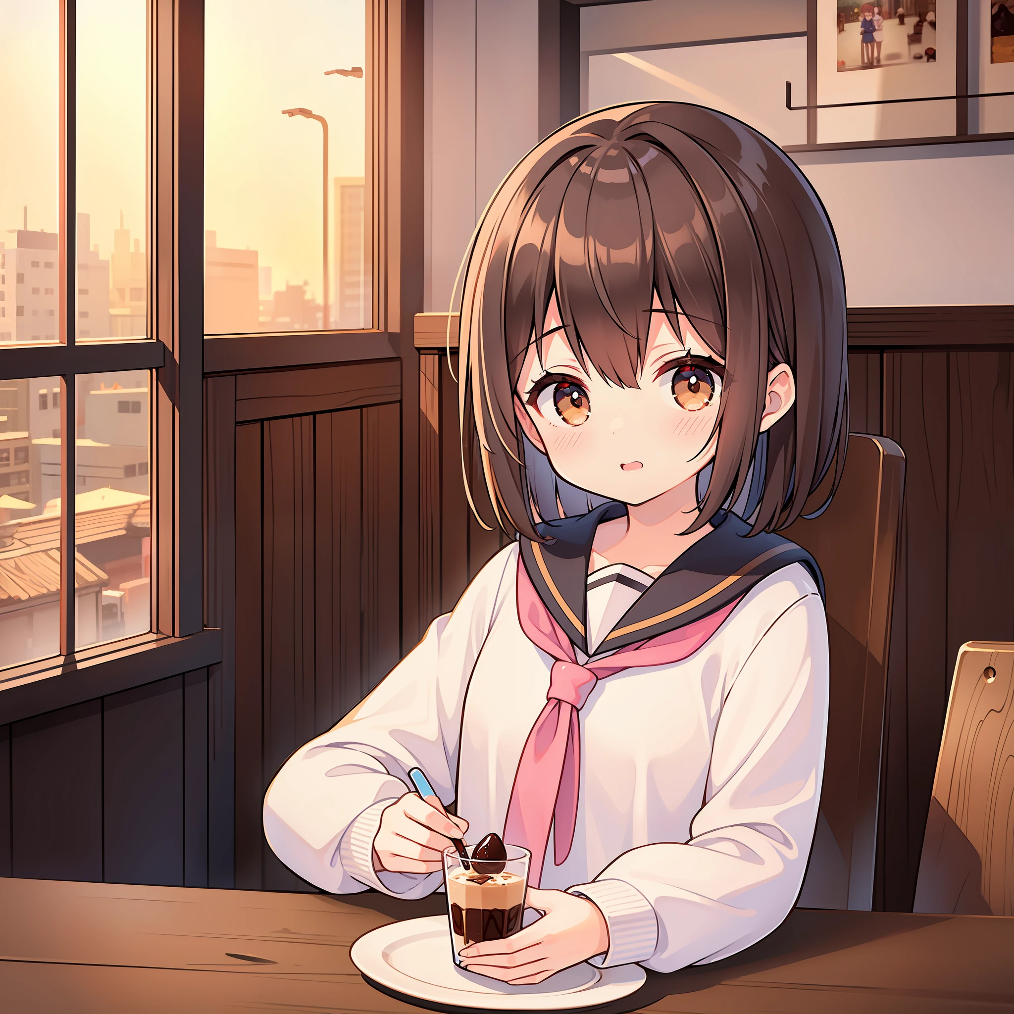 1girl,High Picture Quality, High Quality, Masterpiece, Indoors, Coffee Shop, Chocolate Parfait on Table, Sailor Suit, Pink Very Short Hair, Brown Eyes, One Junior High School Girl