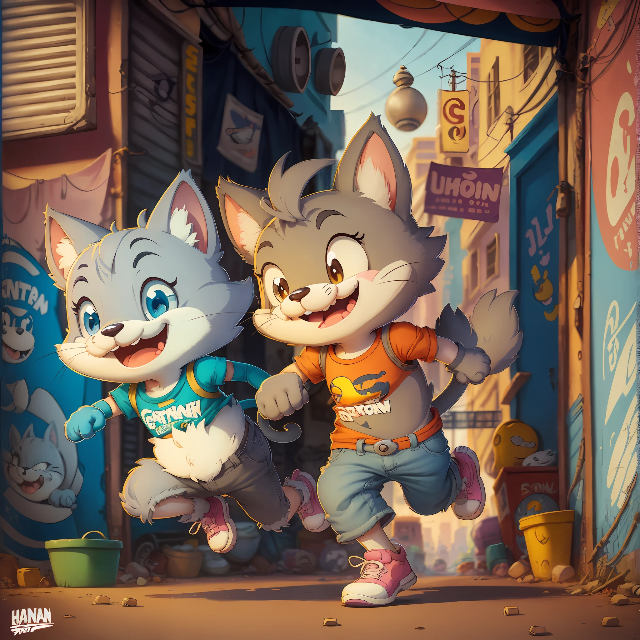 just a gray cartoon cat, running, cheerful smile, wearing men's jean shorts, cuddly, chubby, friendly, sympathetic, slum background, stylized furry disney, cartoon character, acrace catoon, furry character, generic furry style, tom and jerry, cartoon style illustration, mascot illustration, loony toons style, toonix character, inspired by Hanna-Barbera, in cartoon style,  cartoon art --auto --s2