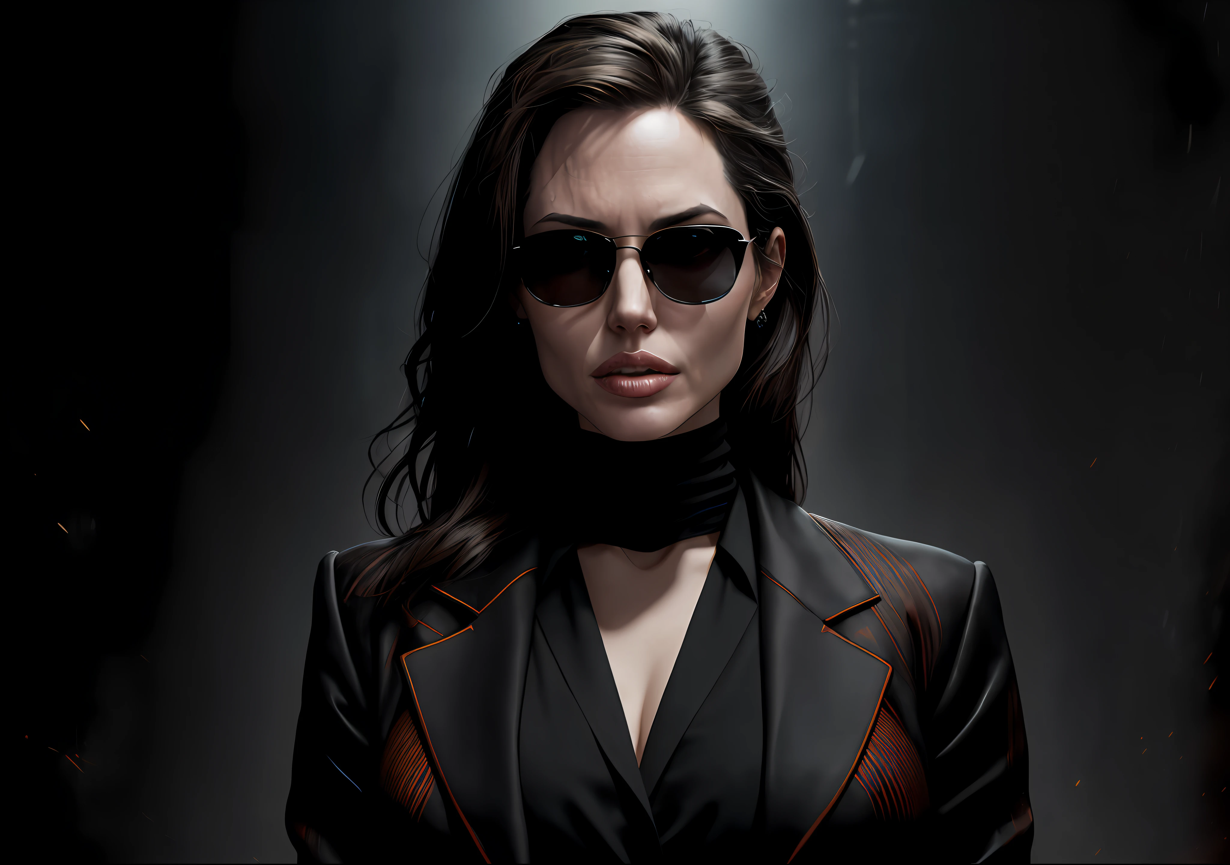 Angelina Jolie is standing, her mouth sewn together, showing off her entire body dressed in a suit and tie. The photo is dark, has an epic and realistic atmosphere. It's a distant portrait where she wears sunglasses, has blue eyes and black hair in the style of Atey Ghailan. The artworkThe image features a yellow gradient, with a predominant color scheme of black, brown, and magenta, providing a grunge aesthetic. The background depicts a war wall. The lighting is soft, with a cinematic light, processed in Adobe Lightroom and in a photo lab, using techniques such as HDR to achieve a highly detailed and intricate result. The colors are faded, with neutral and soft tones, and the image has a hyper-detailed style. The overall aesthetic is cinematic, with warm, dramatic lights emphasizing the intricate details. The background is complex, created by Greg Rutkowski, with a predominance of blue and orange.