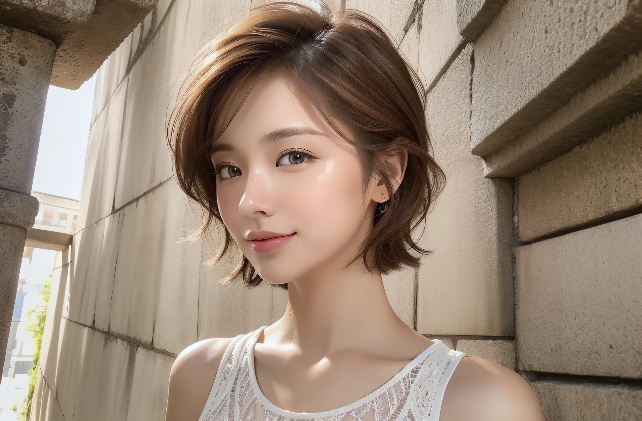 Please create an illustration of a beautiful girl with the following elements delicately down to the smallest detail. Addendum: Age: 20s Hairstyle: Short hair Hair color: Brown Eye color: Brown Skin color: White Clothing: White dress Expression: Smile Pose: Facing straight ahead. Upper body. Graphics: 8K, Realistic, Top Quality, Professional Lighting, Ultra High Definition, (Photorealistic: 1.4) Number of people: 1 person Background: Urban