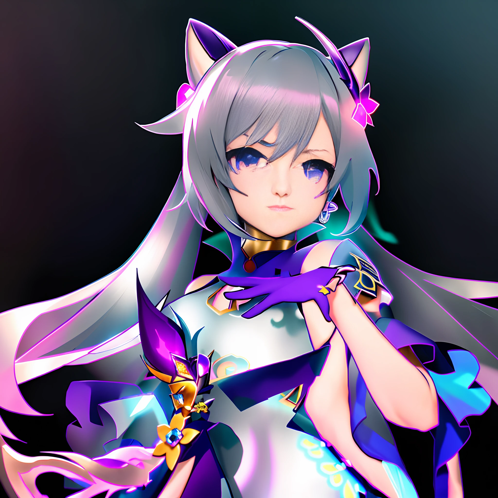 Real 3D, woman in blue dress holding sword in front of purple background, Ayaka Genshin Impact, Genshin Impact Kechin, Genshin Impact character, Ayaka Game Genshin Impact, Genshin Impact Nakazato, Katana Zero video game character, Genshin Impact style, detailed key anime art, Genshin, portrait Zodiac Girl Knight, masterpiece, (Photorealistic: 1.4), Top Quality, Beautiful Lighting, (ulzzang-6500:0.5), (Gray Hair) + (Long Hair) + (Bangs), Purple Eyes, Luminous Eyes, (Ticking), Genshin Impact, Cat Ears, Detailed Neon, RAW Photos, 8k UHD, Film Grain