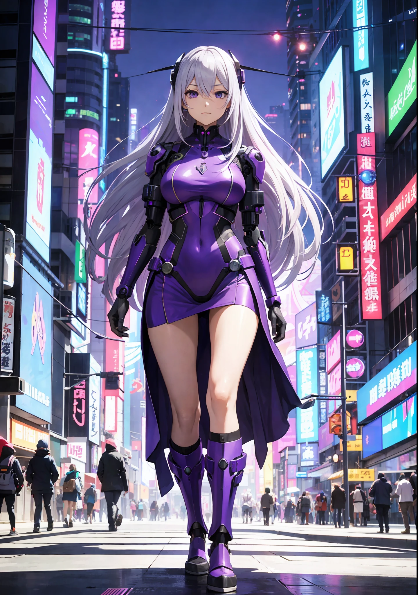 a woman with long hair and a purple outfit standing in a city, anime cyberpunk art, best anime 4k konachan wallpaper, cyberpunk anime girl mech, biomechanical oppai, cyborg - girl with silver hair, digital cyberpunk anime art, perfect anime cyborg woman, digital cyberpunk - anime art, holy cyborg necromancer girl, anime cyborg