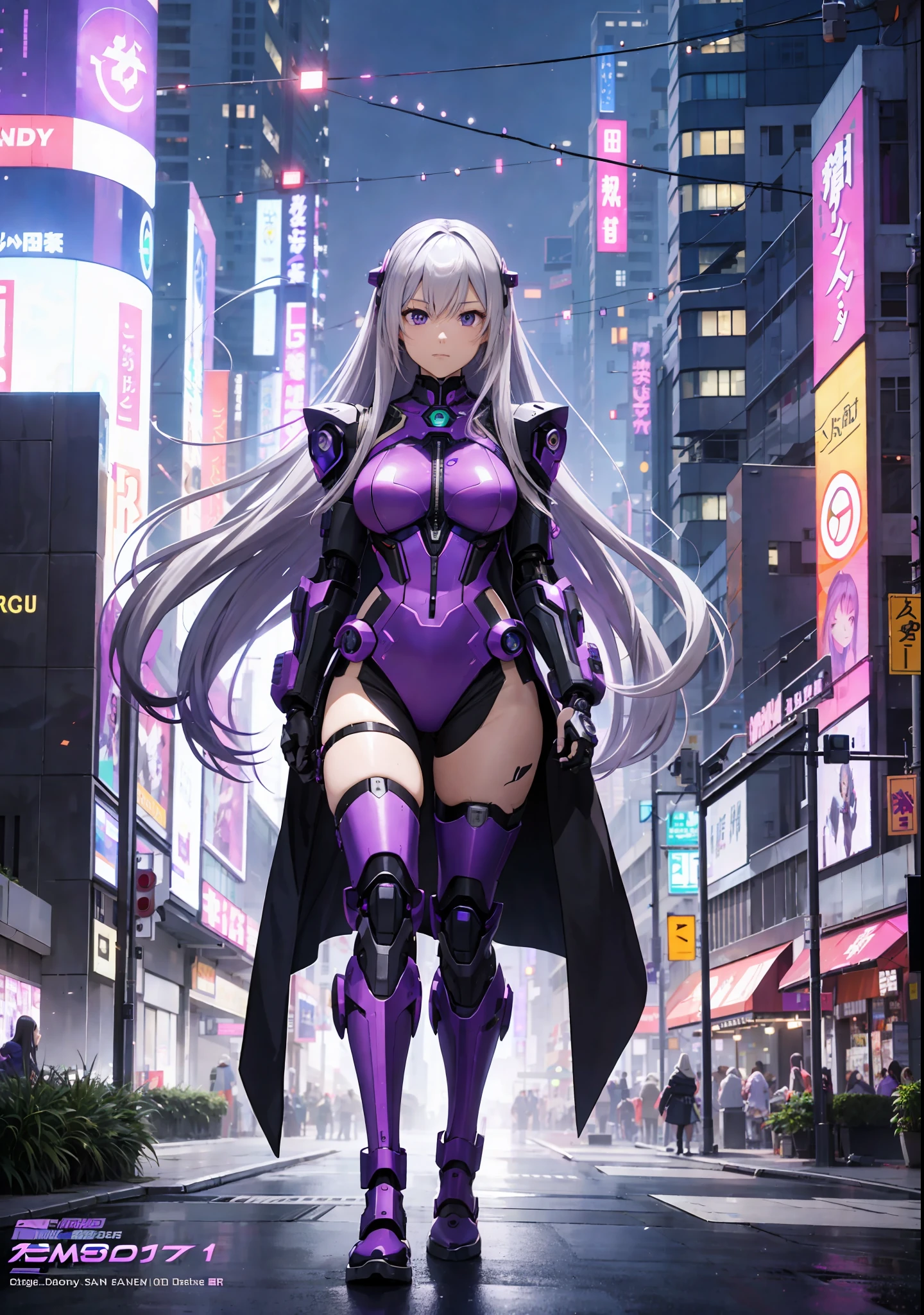 a woman with long hair and a purple outfit standing in a city, anime cyberpunk art, best anime 4k konachan wallpaper, cyberpunk anime girl mech, biomechanical oppai, cyborg - girl with silver hair, digital cyberpunk anime art, perfect anime cyborg woman, digital cyberpunk - anime art, holy cyborg necromancer girl, anime cyborg