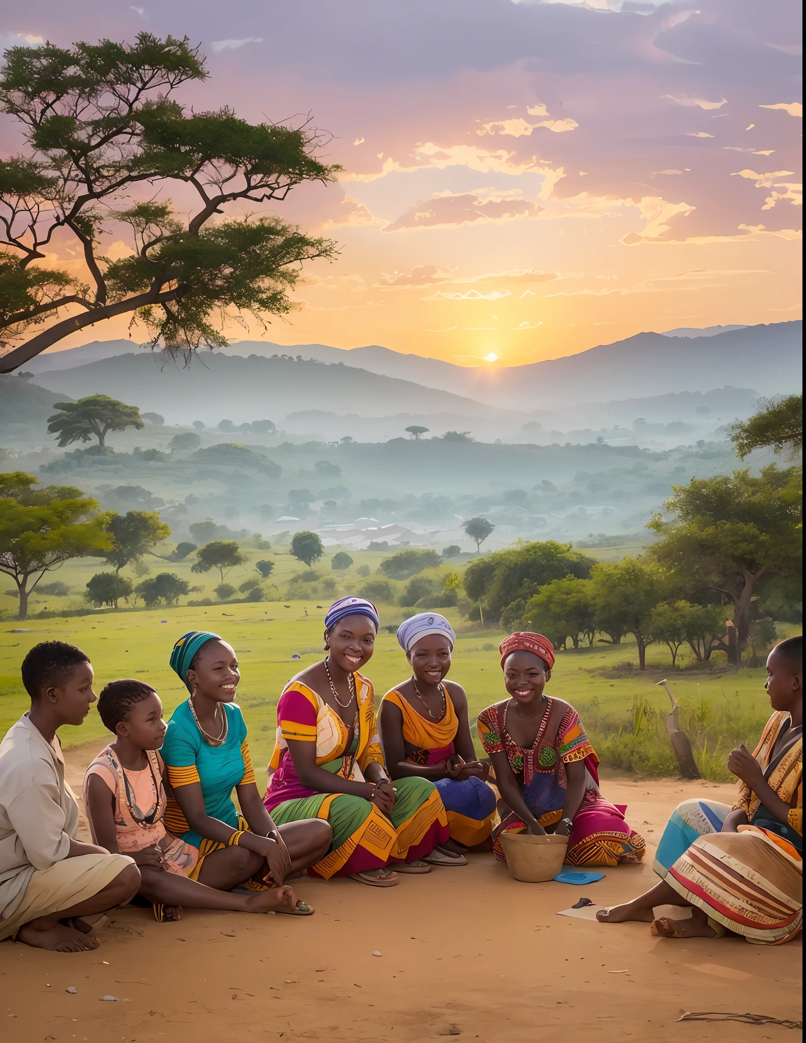 A watercolor painting shows vibrant African villagers engaging in community activities and valuing their cultural heritage against a backdrop of rolling hills, baobab trees and a radiant sunset,, cinematic, --auto --s2