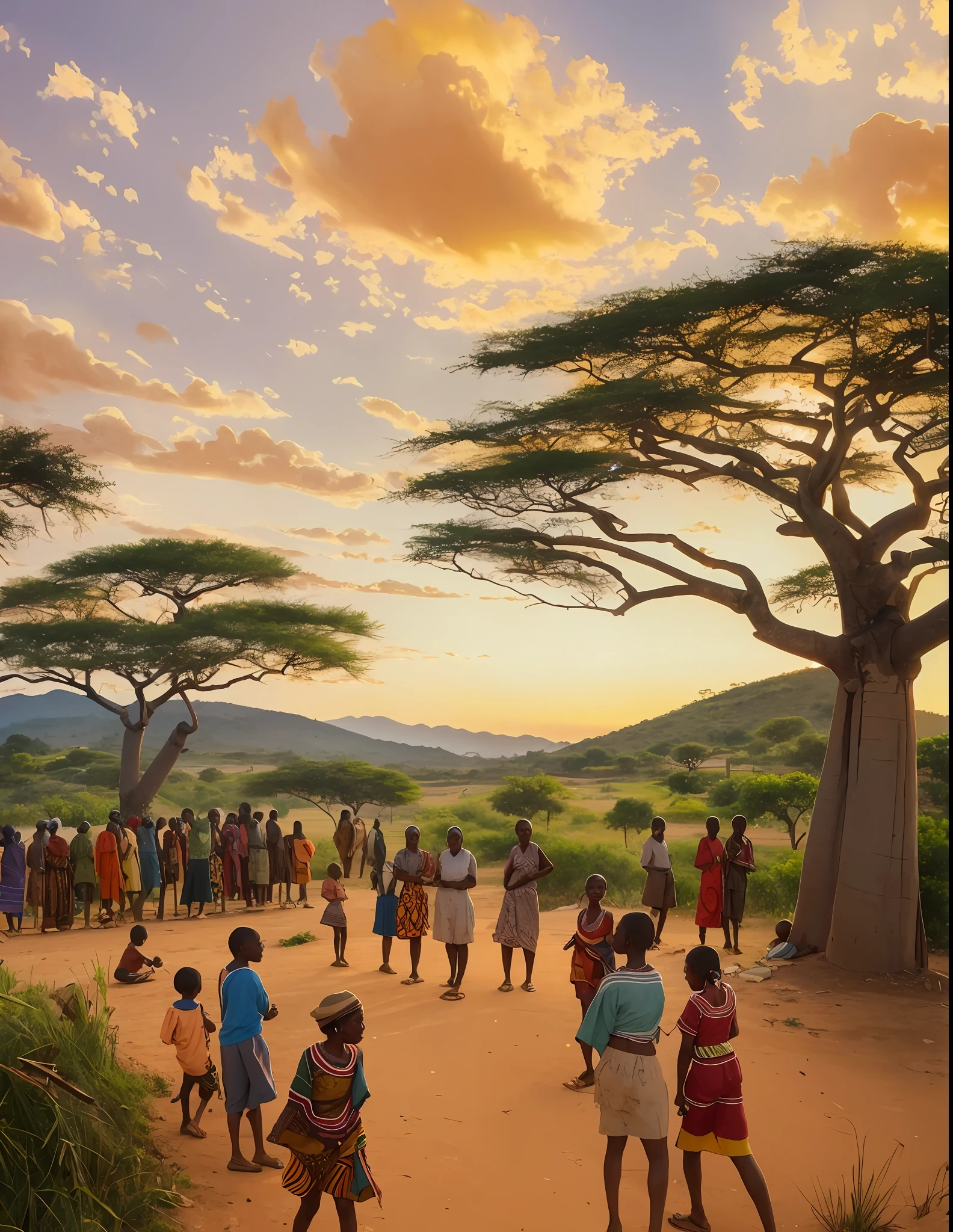 A watercolor painting shows vibrant African villagers engaging in community activities and valuing their cultural heritage against a backdrop of rolling hills, baobab trees and a radiant sunset,, cinematic, --auto --s2