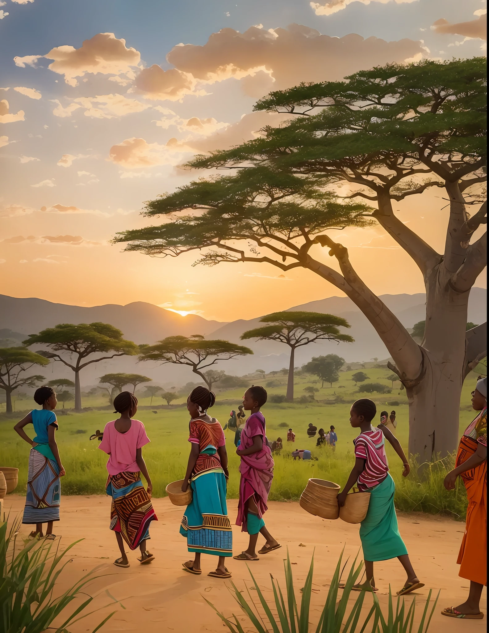 A watercolor painting shows vibrant African villagers engaging in community activities and valuing their cultural heritage against a backdrop of rolling hills, baobab trees and a radiant sunset,, cinematic, --auto --s2