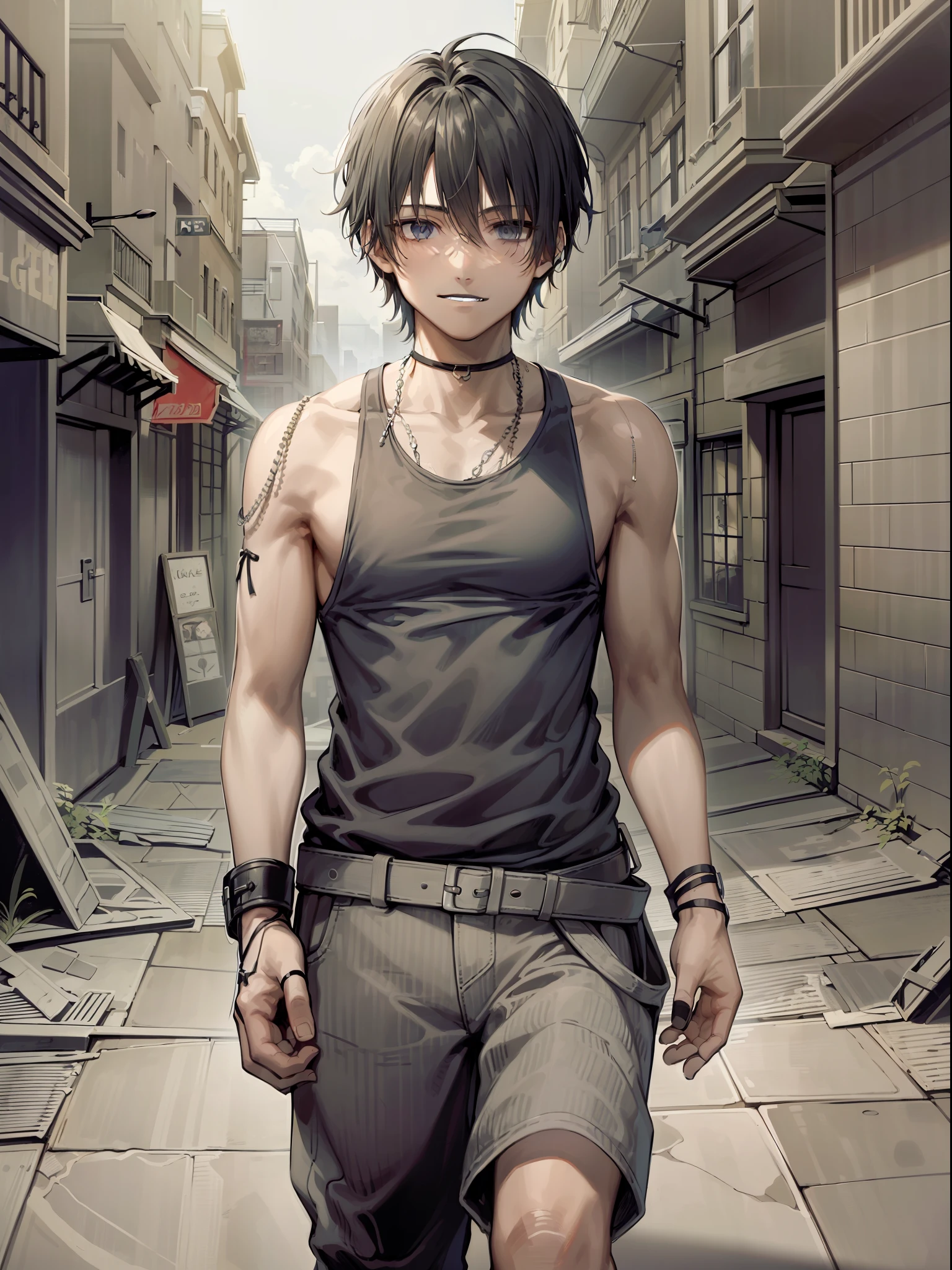 1boy, (Male): A boy with dark, piercing black eyes, who seem to reveal deep mysteries. He wears a dark black tank top, contrasting with his pale skin. Her hair is dark black, with white tips that give a unique touch to her look. His teeth, slightly sharp, give it an enigmatic look. His tired look is evident, as are the dark circles that highlight his exhausted appearance. A light, mocking smile appears on his lips, revealing a touch of malice. His feet are barefoot, connecting him to the urban and abandoned environment around him. The scenery is dark, with crumbling buildings and shadows that evoke a mysterious and dark atmosphere.