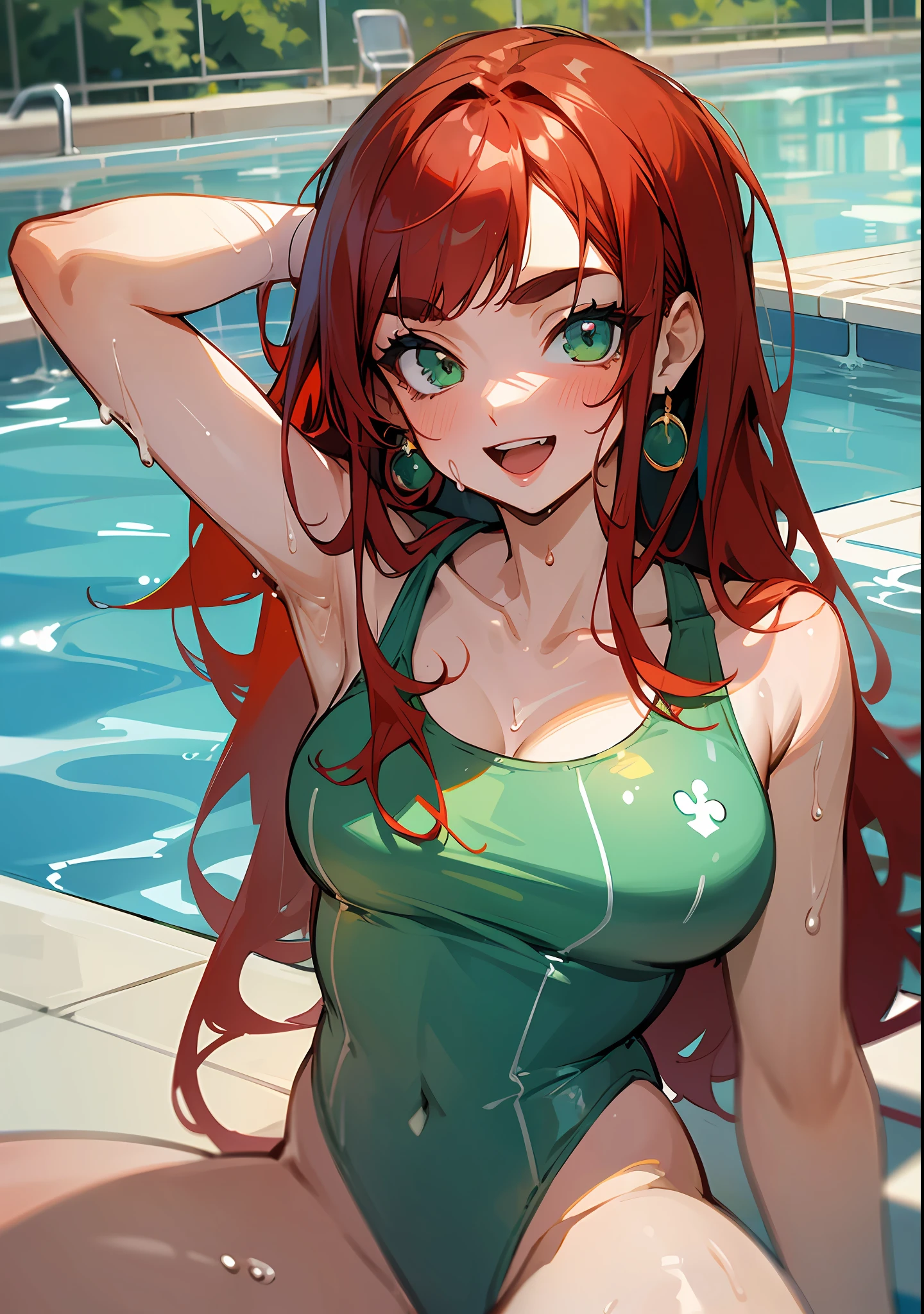 masterpiece, best quality, hi-res ,, one girl, solo, green eyes, long hair, red hair,, bangs, eyebrows, blue one-piece swimsuit, poolside, open mouth, smile, wet, --auto --s2