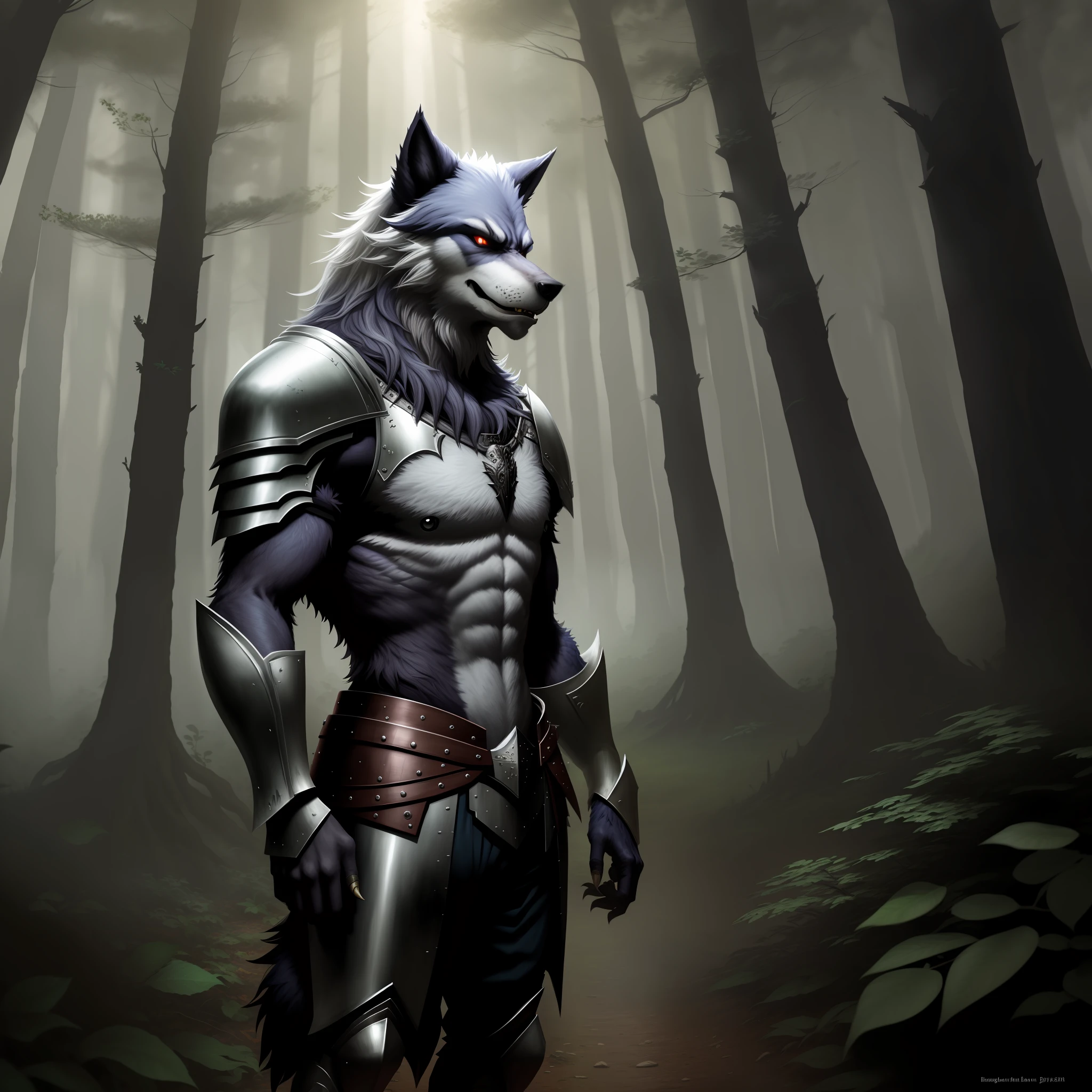 Werewolf dressed in armor in a forest