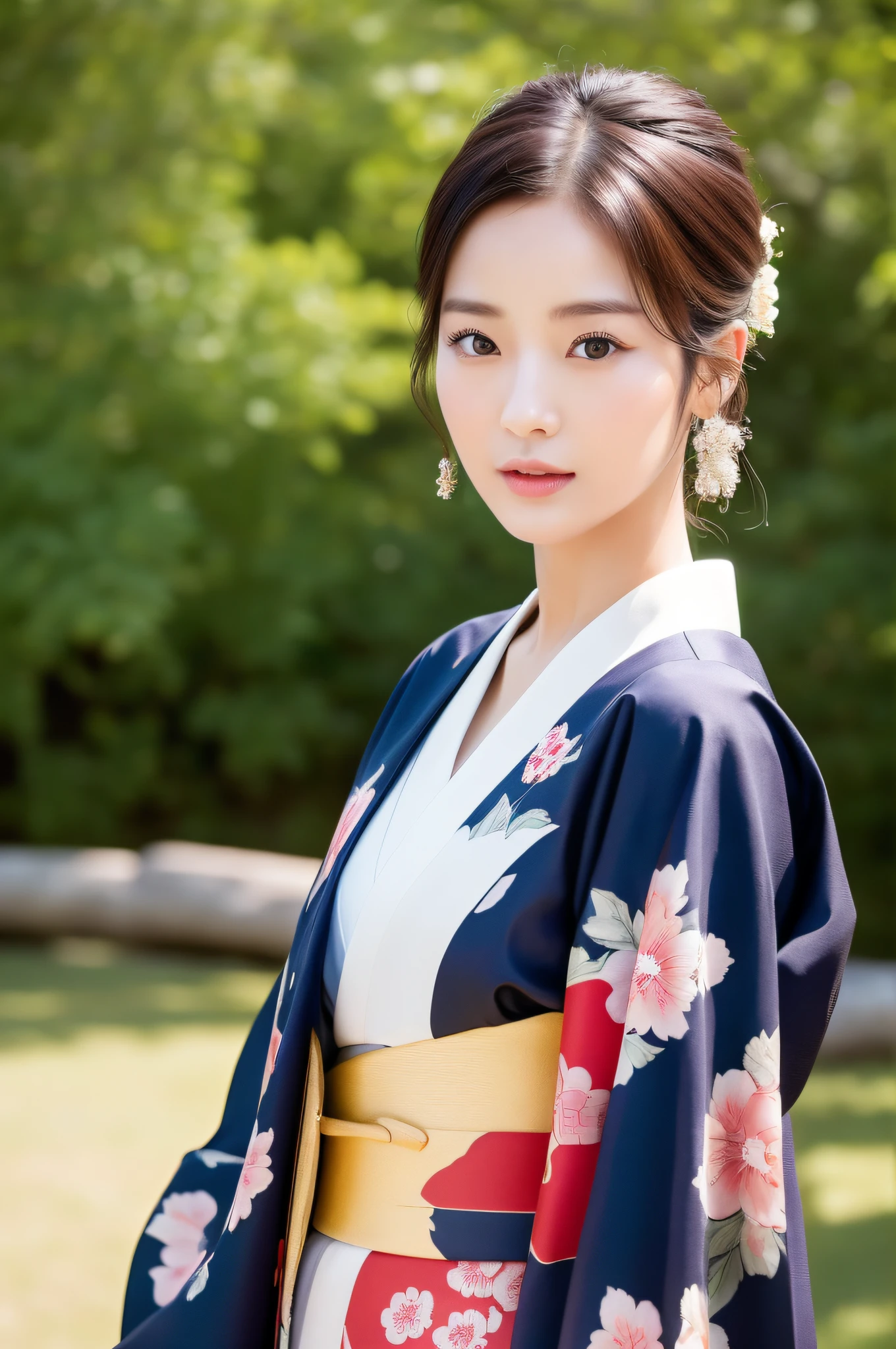 ((Top Quality, 8K, Masterpiece: 1.3)), Sharp Focus: 1.2, (Super Beautiful Face: 1.0), (Glossy Skin: 1.0), Realistic Photos, Black Hair, Realistic Pupils, Movie Lighting, Highly Detailed Eyes and Face, Movie Lighting, (Cowboy Shot: 1.0), (kimono, hakama, obi: 1.15), (Korean Cute Actress), in nature, classic kimono, happy, japanese model