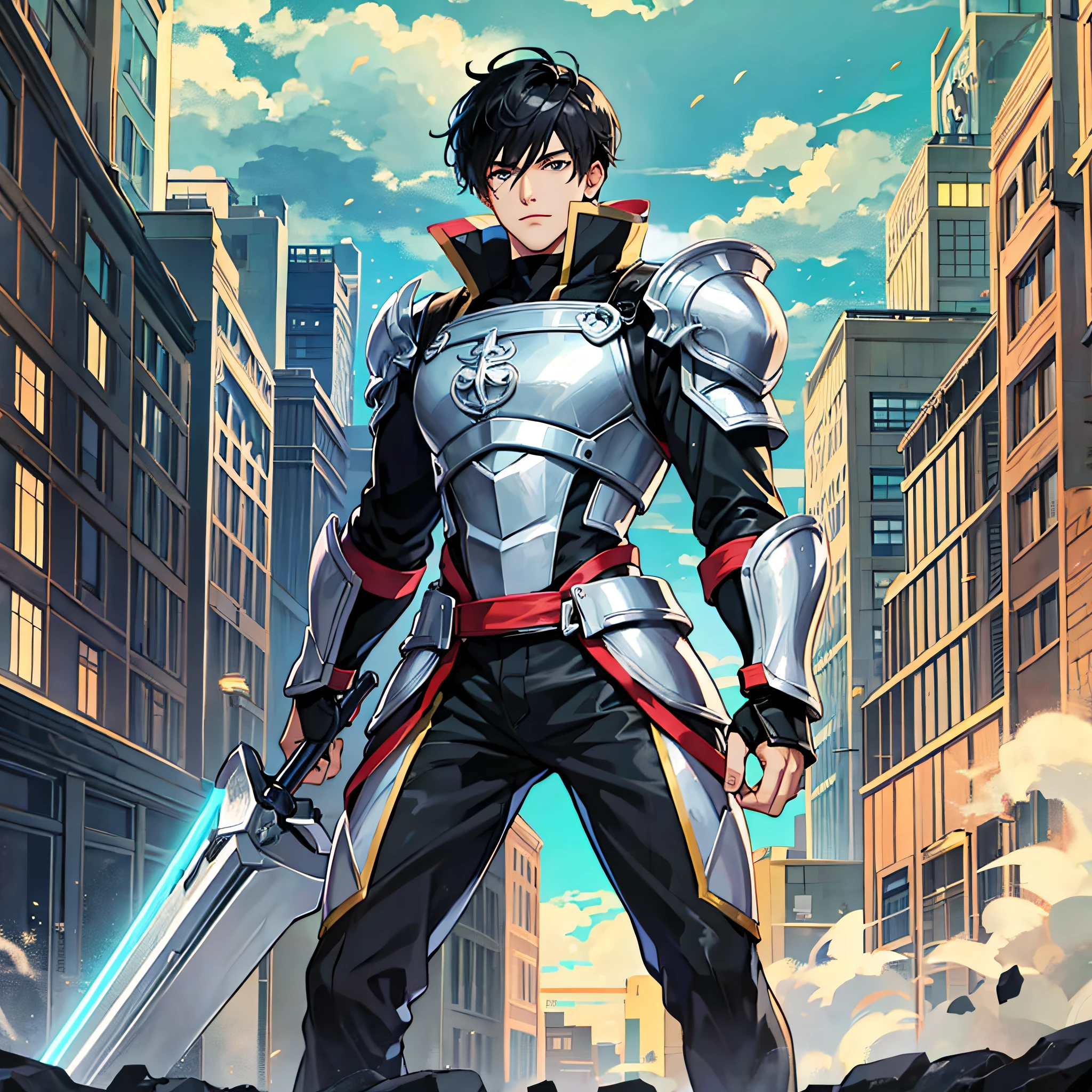 anime character, black hair, male, shield, anime style, anime, reflective light, high quality, masterpiece, best quality --auto --s2