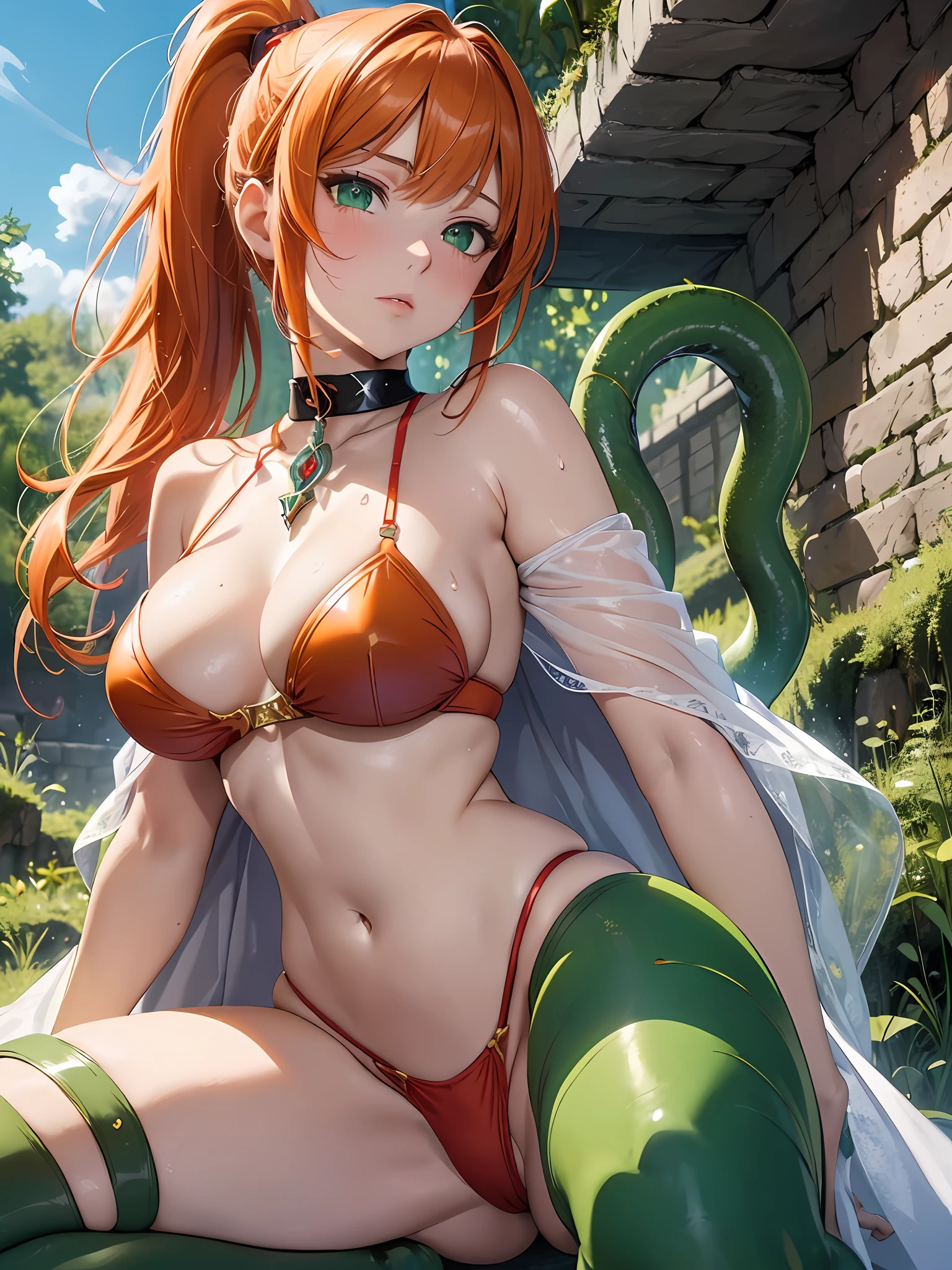 masterpiece, bset quality,detailed and clean eyes, big, hyperdimensional legend Lal, 1girl, emphasizing big, shiny skin, shiny big, 4k, female knight fighting brave monster, 1 girl,(red armor, red thong bikini、white cape、red wristband、red thighhighs、navel) , cleavage, constriction, (orange hair, long ponytail, bangs, green eyes), sword, stone wall dungeon, background blurred, sweat, blush, hair luster, bare shoulders, yellow choker, tentacle bound wrists, tentacle bound arms, tentacles, tentacles, tentacles, tentacles, vaginal,), (squatting, from below,m legs,spread legs),