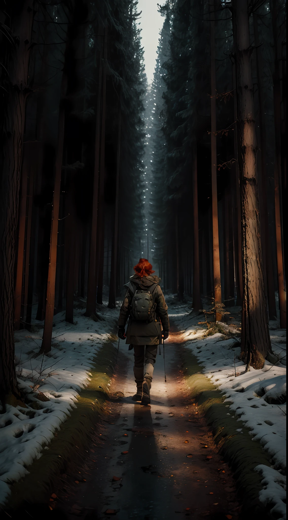 Red-haired woman walking in a forest in the woods at winter at night with a flashlight in hand in a square, back, military winter outfit outfit, 8k, octane render, greg rutkowski