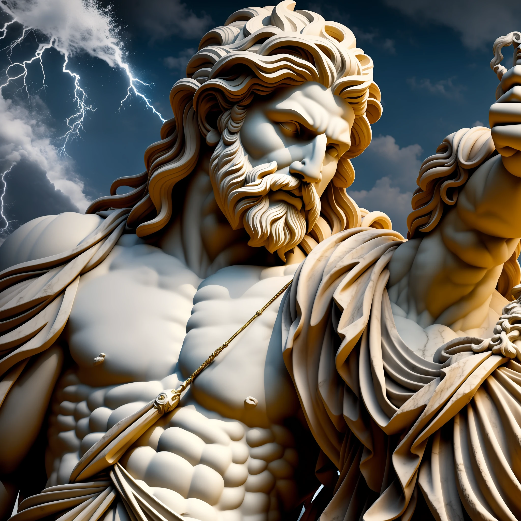 God Zeus on Mount Olympus with elements of nature dominated by his power... behind him other lesser gods. 8k figure, hyper realistic --auto --s2