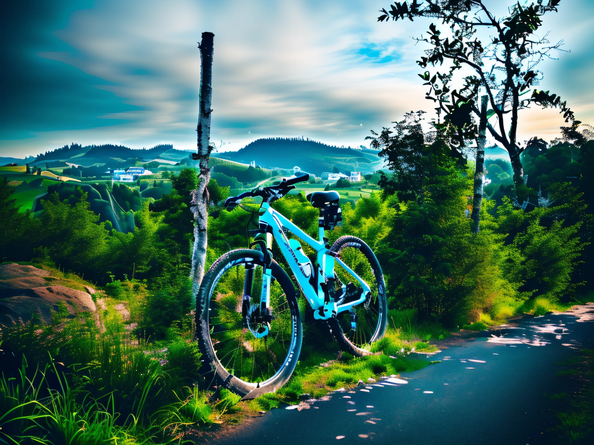 there is a bike that is parked on the side of the road, fromme seele, hills in the background, bicycle in background, against the backdrop of trees, minas tirith in the background, with a city in the background, with mountains in the background, jungles in the background, moutain in background, riding, with lots of vegetation