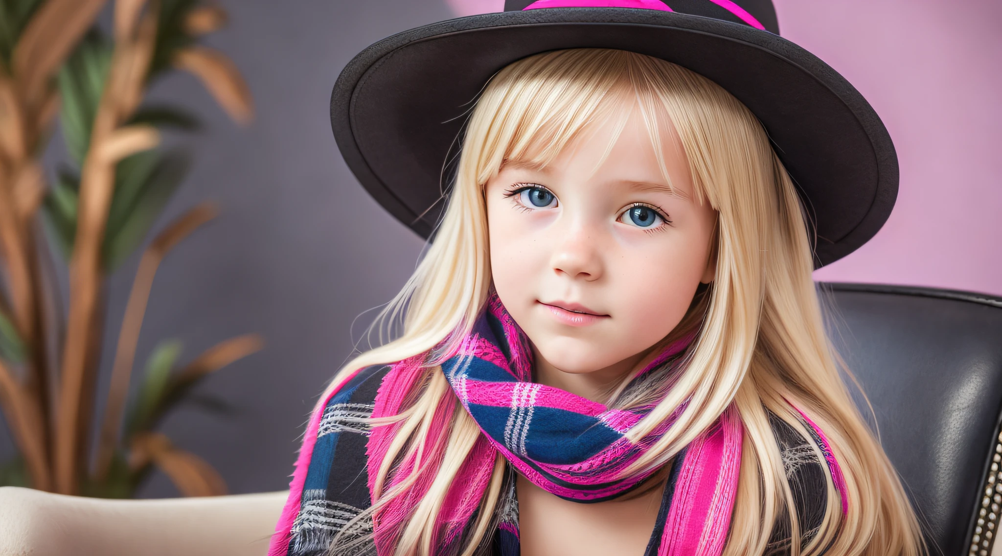 BLONDE CHILD girl,wearing a pink hat and scarf sitting on a black leather chair, photo from a promotional session, promotional photoshoot, young girl, beautiful young model, pink cowboy hat, young ager, photo shoot, photoshoot, inspired by Toros Roslin, red dress and hat, modeling essay, young and beautiful girl, studio portrait photography,  photoshoot solo --auto --s2