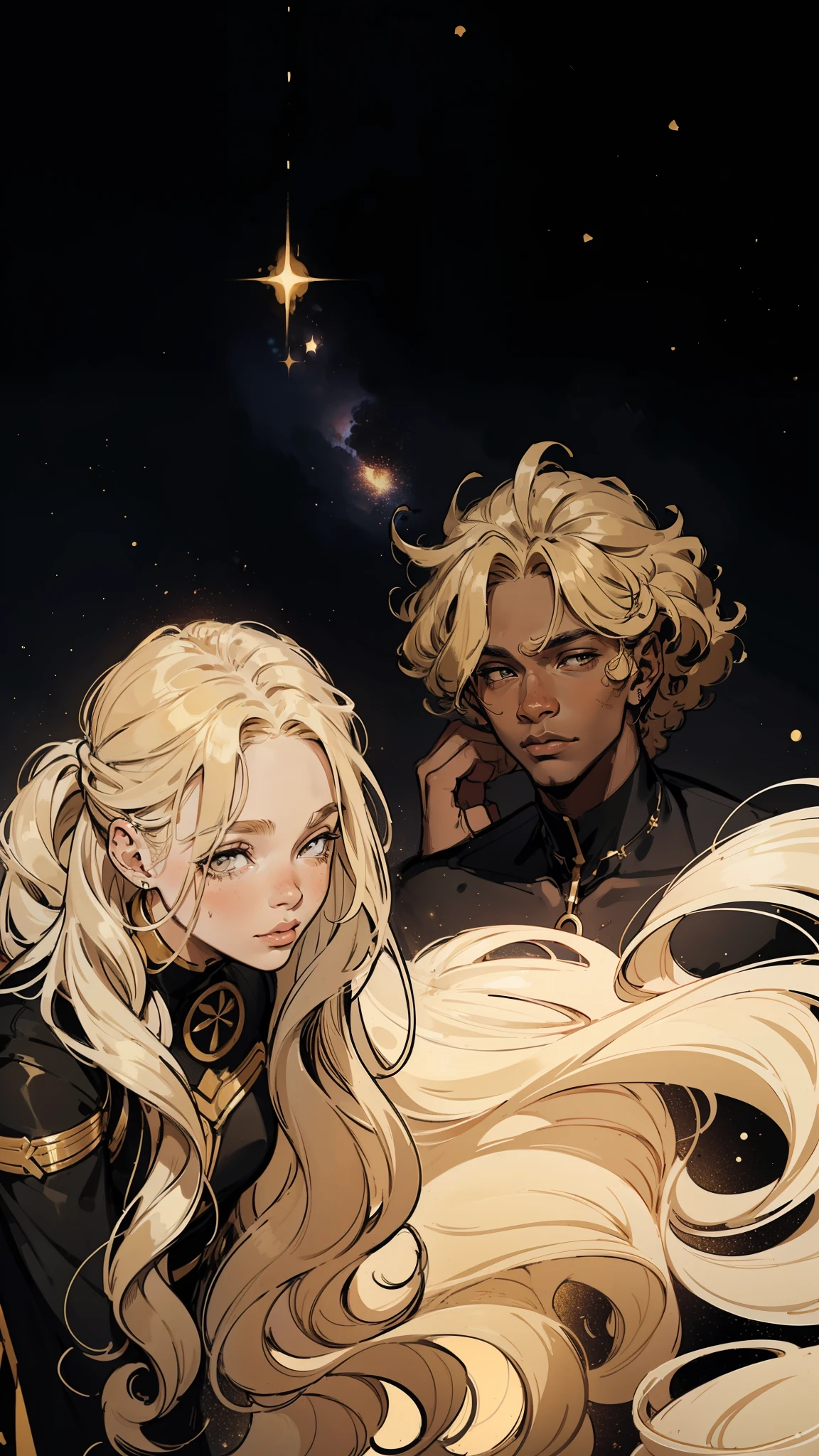 graffiti (photo), (1young girl), with delicate face, and with more rounded features, (a long wavy gold blonde hair), (sending a kiss to the photo), (1young man), (black with light brown skin), (young black race) (black curly curly hair) a starry night in the background