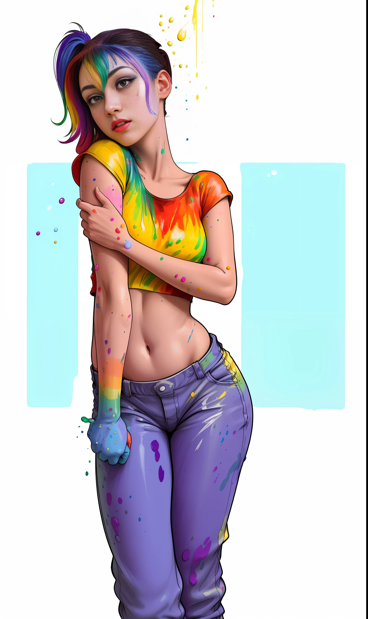 (((rainbow border))), ((cropped torso upper body)), ((white background)), intricate detail, detailed manga illustration, ((((( riser ))))), (antique style) color splash color splash, color explosion, thick paint style, messy lines, clear lines (high saturation), (rich color) (rich color) color splash, thick paint style, messy lines, clear lines, rainbow color gradient high ponytail, exquisite makeup, red lips, closed mouth, long eyelashes, big rainbow bow, high quality, high definition, white strapless t-shirt, looking at the audience, cropped under the torso, (colored background) background clear, colored splash background, ((splash ink)) (color splash), standup, upper body, paint splash, acrylic paint, 1 girl, front, covered in paint, drawing, oil painting, ((rainbow color hair)), gradient color, super short coat, paint, being painted, highest quality, highest quality, masterpiece, solo, depth of field, cute girl with delicate moist skin, solo, full of seven color paint walls, face with paint, shoulders, belly, gradient, fine CG, exquisite and beautiful facial features, gorgeous highlights, crystal clear, stunning, charming, shining, perfect, super clear, 16k