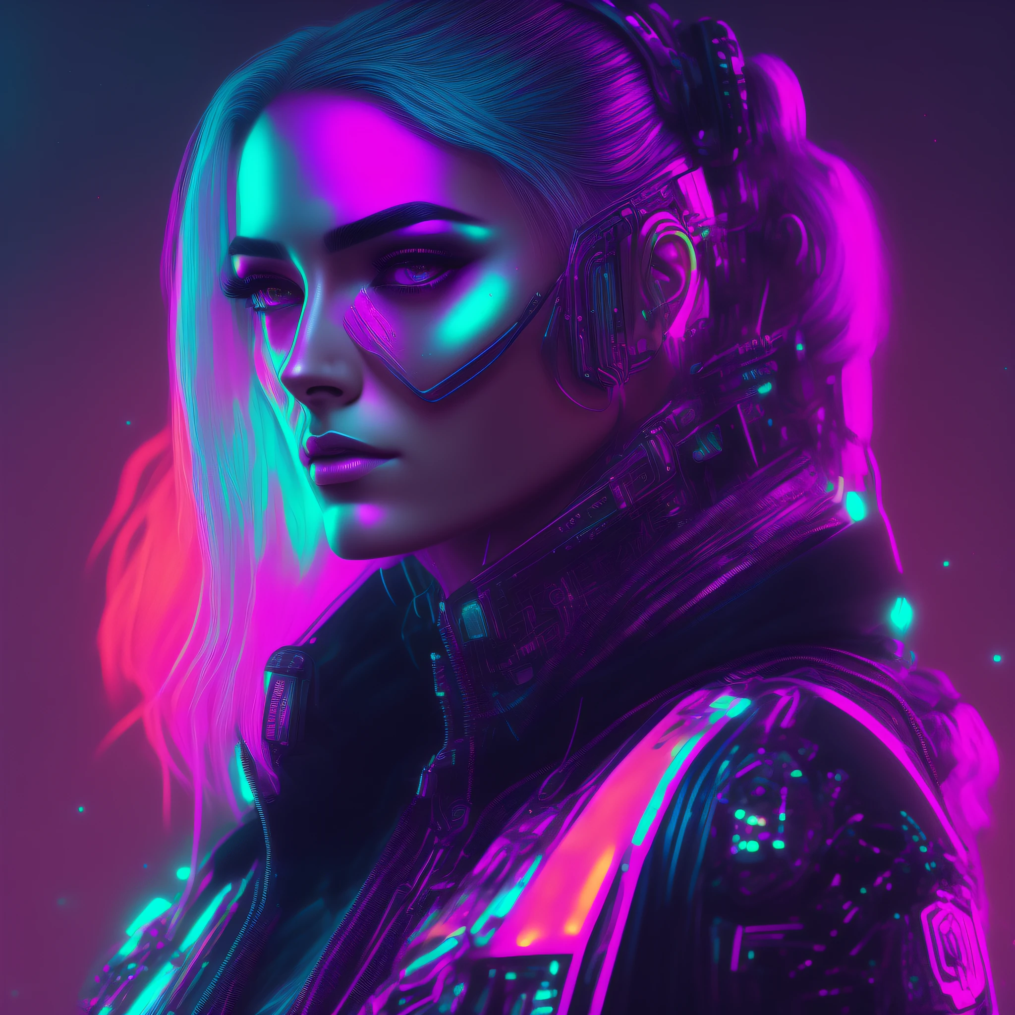 woman, cyberpunk style portrait, futuristic (neon: 1.1) reflective wear, science fiction. artgern, art, illustration, ((dark environment)), ((vegnette)), ((HDR)) ((minimal palette colors)), soft tones, soft colors, faint colors, calm, highly detailed pastel colors, intricate details