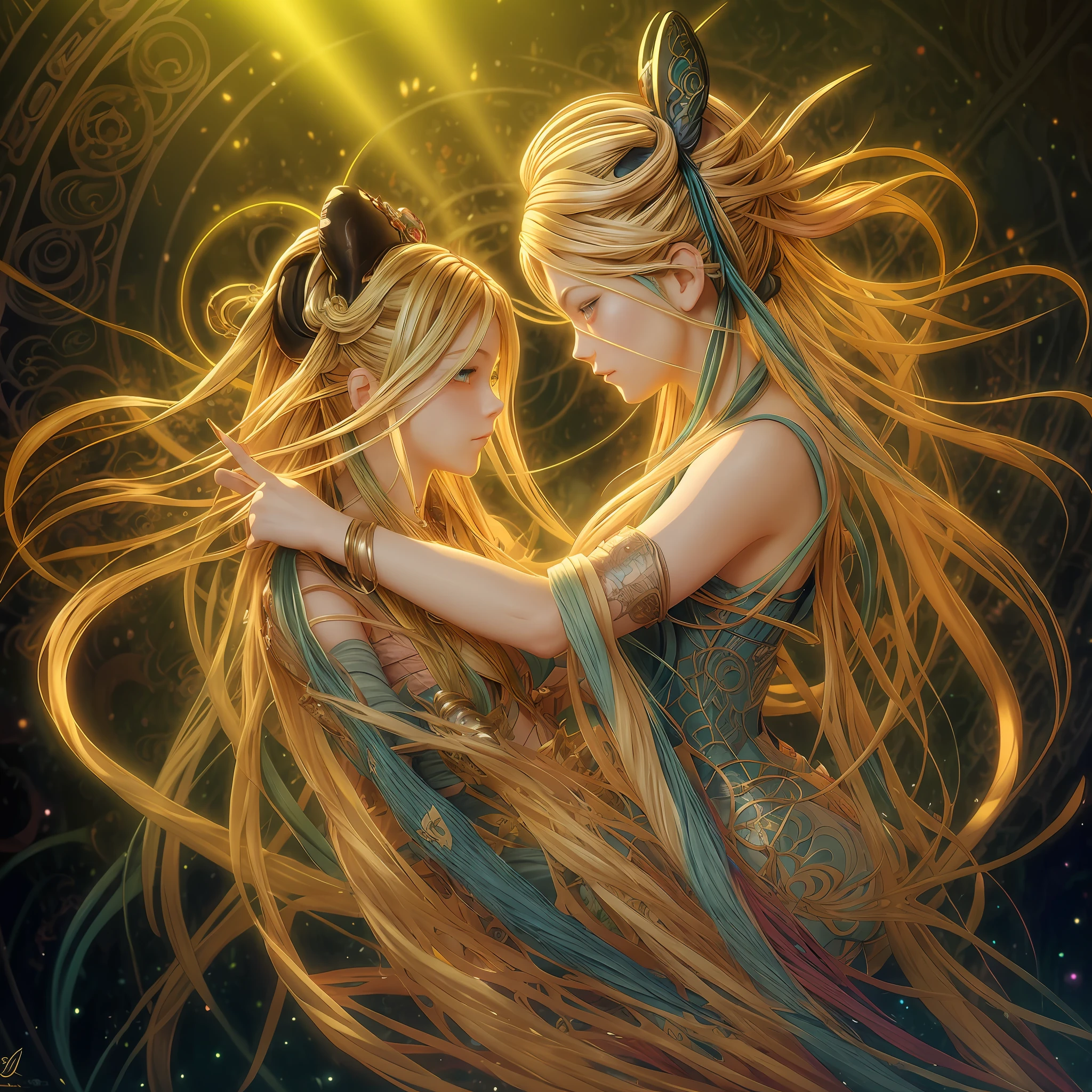 a close up of a AVRIL LAVIGNE with long blonde hair and blue eyes, detailed digital anime art, artgerm on artstation pixiv, digital anime illustration, artgerm. anime illustration, fantasy art style, alphonse mucha and rossdraws, artgerm. high detail, extremely detailed artgerm, anime fantasy illustration, digital anime art, beautiful anime art style, chromic aberration, action packed,light placement art, luminism, maximalism, intricate complex painting matrix, ultra high contrast, detailed busy painting matrix, wide angle lens, bioluminescence, bouncing lighting, intricate reflections, best shadows, best lighting, best postprocessing, artistic filters, ambient occlusion, romanticism