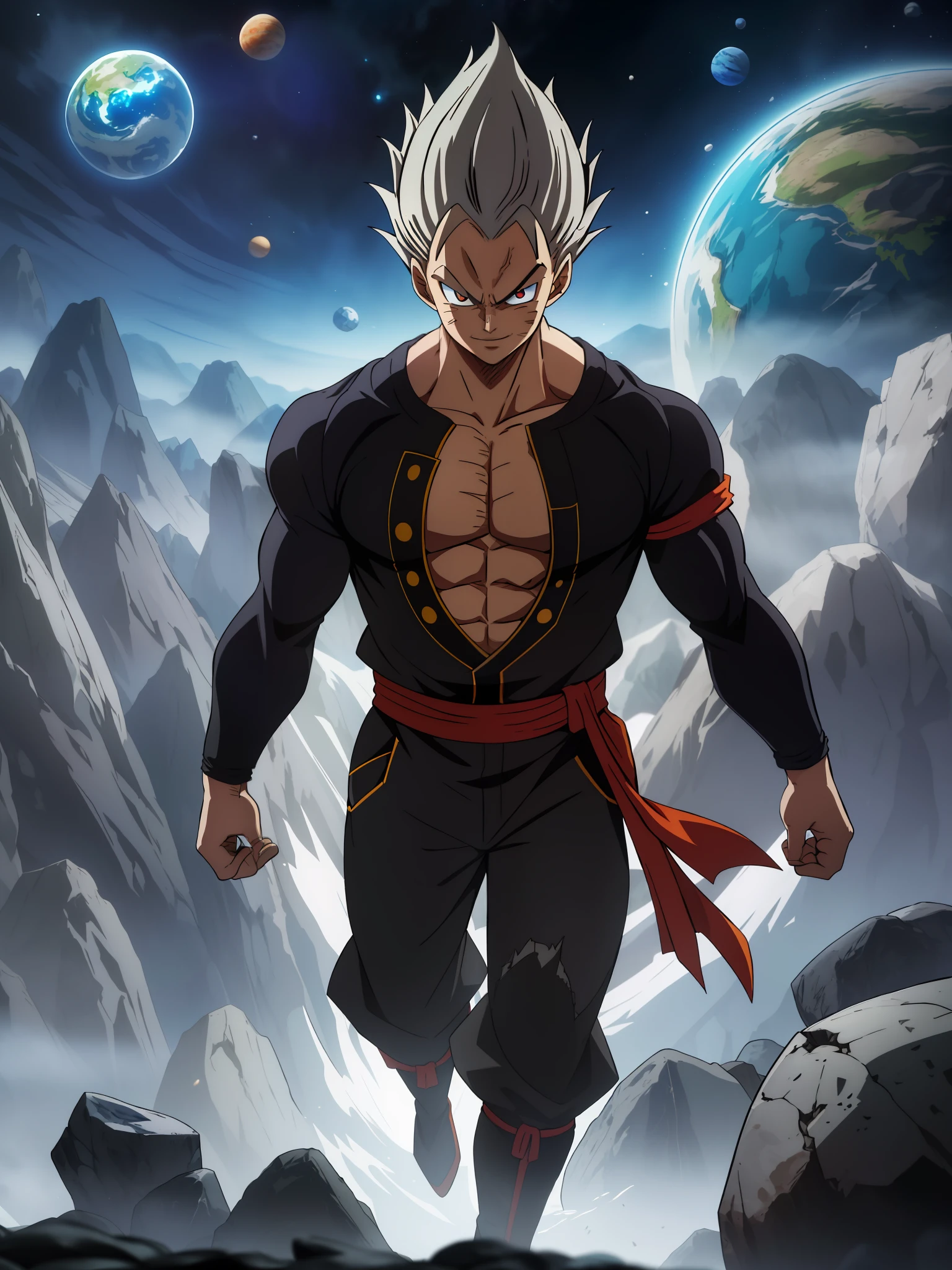 masterpiece, best quality, ultra-detailed, adult Vegeta 1boy, solo, super sayagin 5, full body, evil smile, gray hair, spiky hair, red eyes, dougi, full body, looking at the viewer, male focus, earth \(planet\), planet, space, cracked soil and rocks rising, rubble rising,