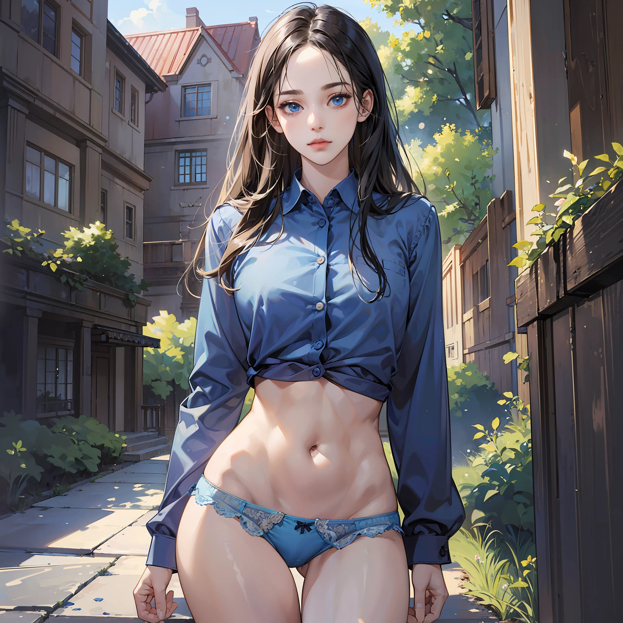 ((masterpiece)), best quality, model portrait, ultra-realistic details, ultra detailed thin face, slightly blue realistic eyes, full body, thin waist, seductive look. Dirty short blue shirt, panties, no pants --auto --s2