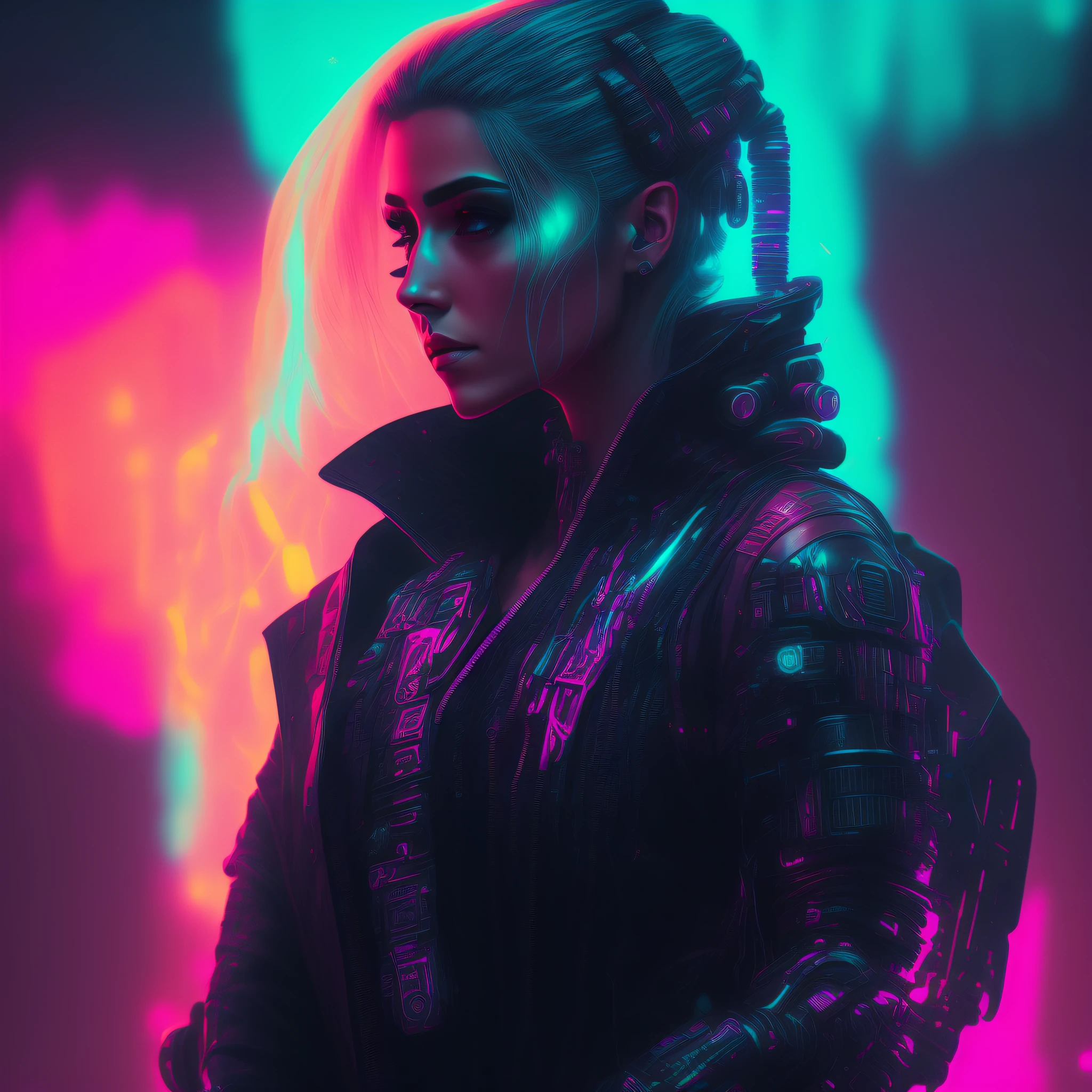 woman, cyberpunk style portrait, futuristic (neon: 1.1) reflective wear, science fiction. artgern, art, illustration, ((dark environment)), ((vegnette)), ((HDR)) ((minimal palette colors)), soft tones, soft colors, faint colors, calm, highly detailed pastel colors, intricate details