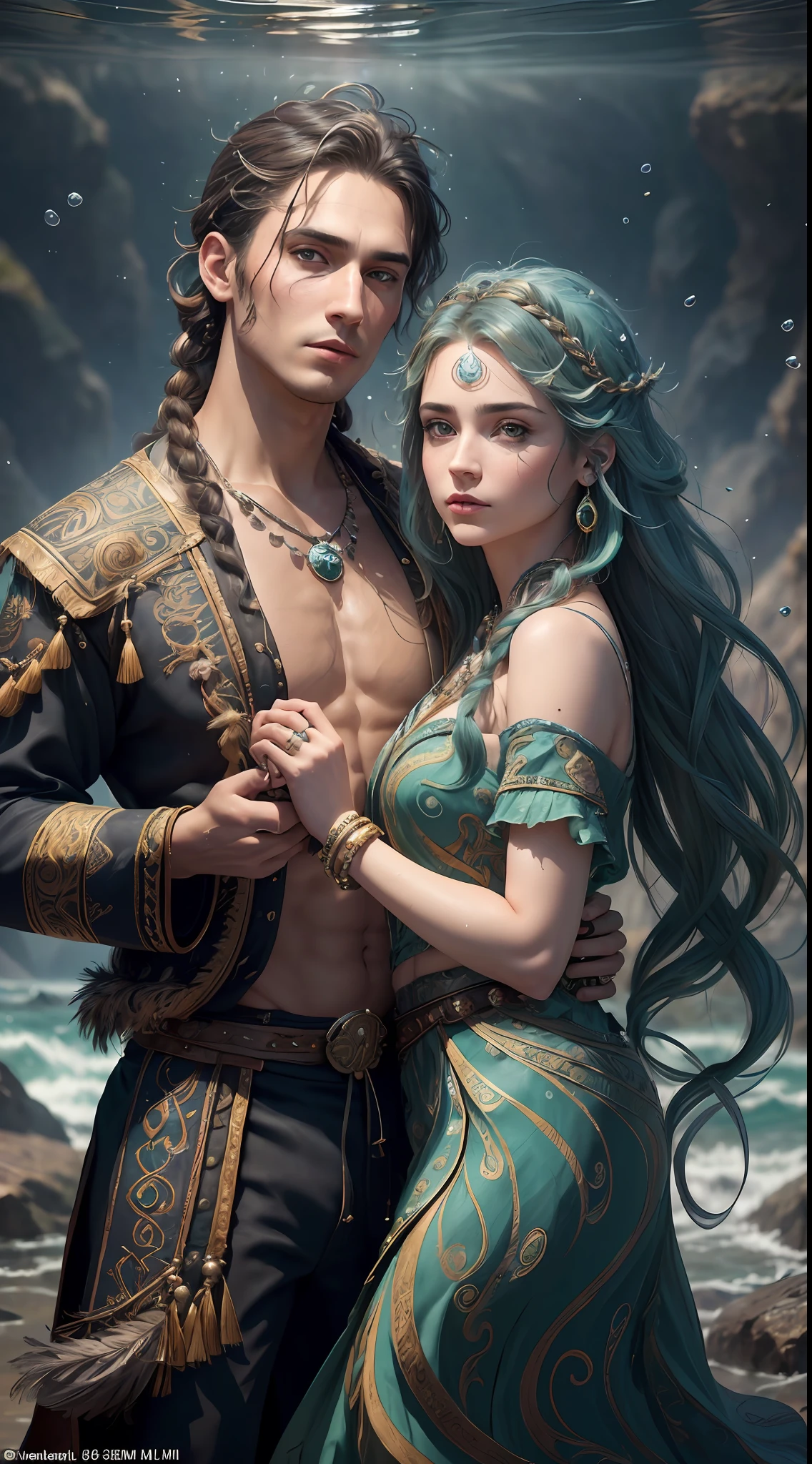 Couple (((male)), fashion shoot, (full portrait), (half), solo, detailed background, detailed face, (stonepunkAI, stone theme:1.1), wise, (beautiful hair, braid: 0.2), shaman, septum harsh, mysterious, (gorgeous face), stunning, head tilted up, (calm expression), calm, intimate interaction, sea bubble green worn clothes, rosary, Tribal ornaments, feathers in hair, headdress: 0.33, emerald, obsidian, detailed clothes, realistic skin texture, (floating particles, water swirls, embers, rituals, whirlwinds, wind: 1.2), clear focus, volumetric lighting, good highlights, good shadows, subsurface scattering, complex, highly detailed, ((film)), dramatic, (highest quality, award-winning, masterpiece: 1.5), (realism: 1.5),