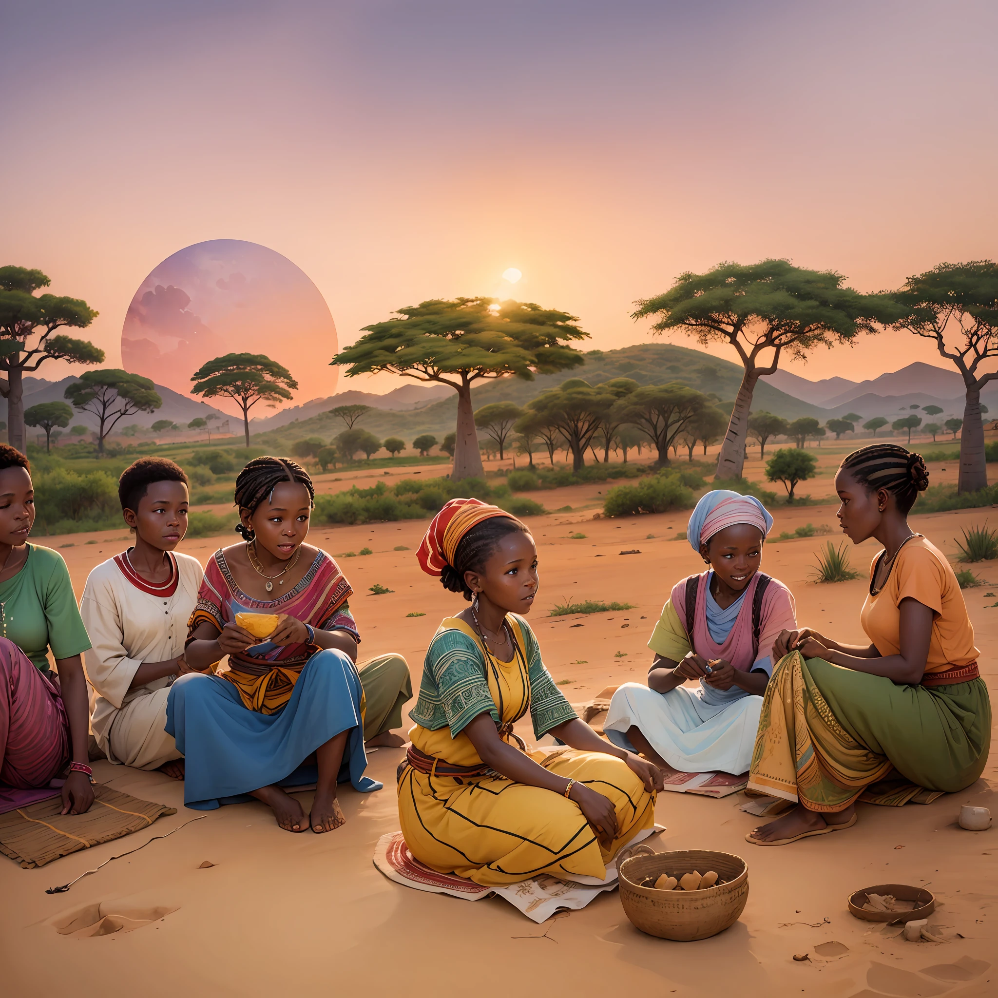 A watercolor painting shows vibrant African villagers engaging in community activities and valuing their cultural heritage against a backdrop of rolling hills, baobab trees and a radiant sunset, --auto --s2
