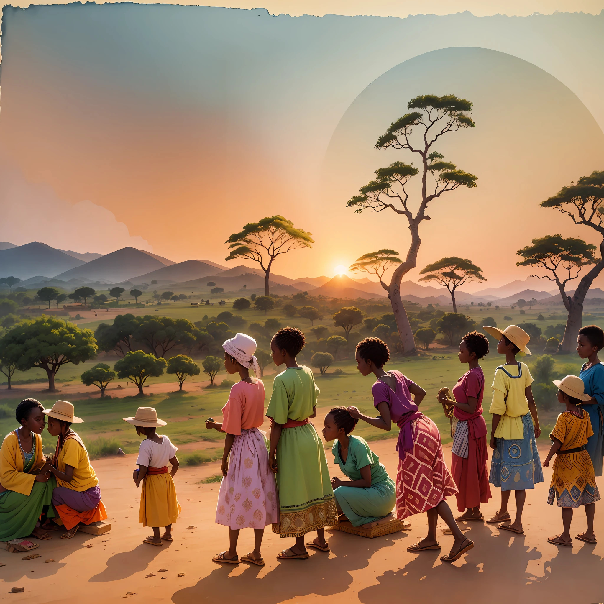 A watercolor painting shows vibrant African villagers engaging in community activities and valuing their cultural heritage against a backdrop of rolling hills, baobab trees and a radiant sunset, --auto --s2