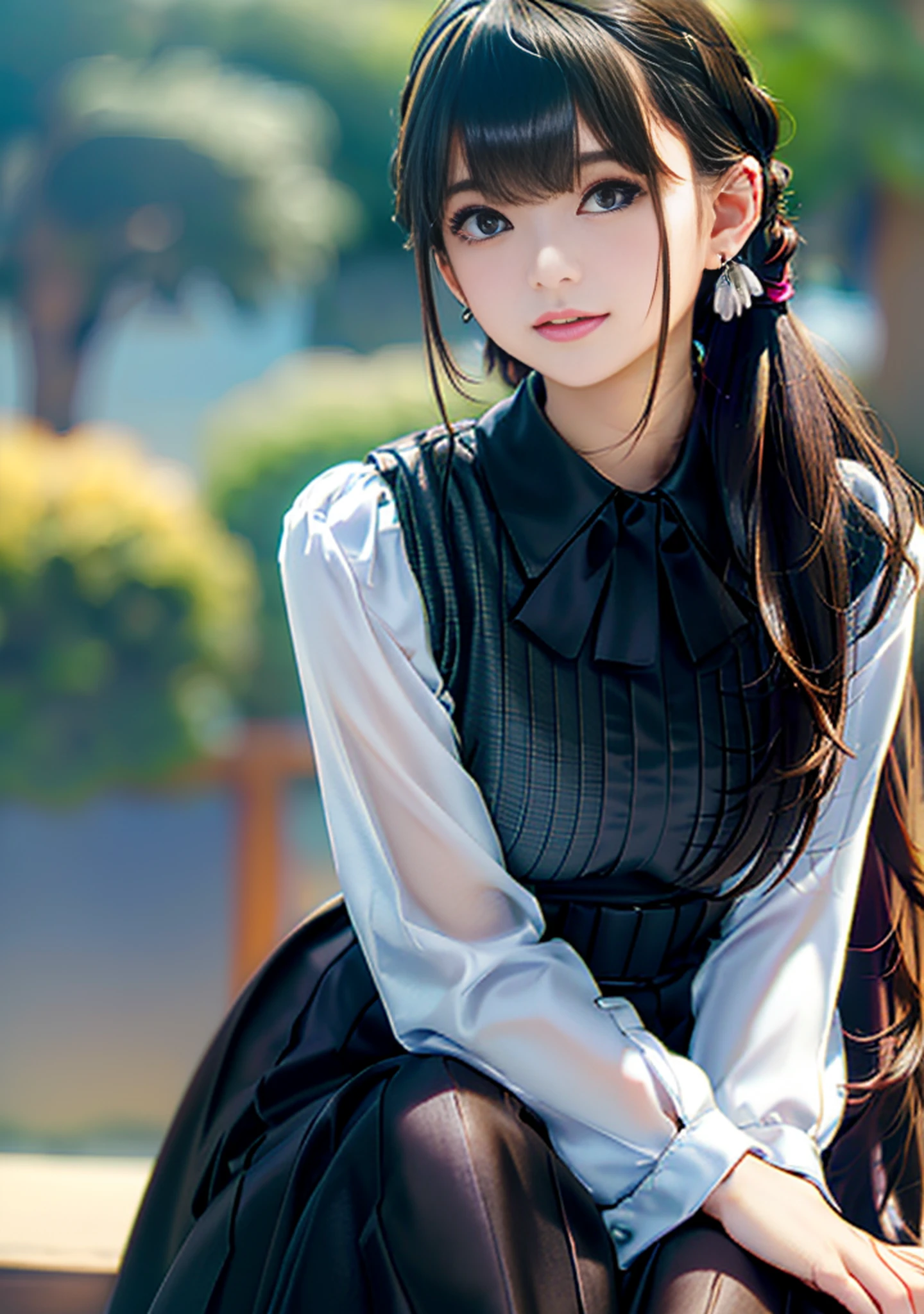 1girl, portrait of lolitagothic, long skirt, black dress, ((best quality)), ((masterpiece)), ((realistic)), (detailed), dim light, bokeh, spooky night, blue fog, graveyard, cathedral, orange light, (Best Quality, Masterpiece: 1.2), (Real: 1.3), (high resolution: 1.2), (soft saturation: 1.5), (beautiful skin: 1.2), (soft focus: 1.5), (ultra-detailed background, detailed background), BREAK (one beautiful young woman), smiling girl portrait., When viewed from the front, looking straight at you with serious eyes, BREAK brown hair, blue-black hair, very long hair, wavy hair, low ponytail hair, center parted bangs bangs, beachy, Greek Santorini Island, resort beach, open terrace, girl, autumn, (highest quality, masterpiece: 1.2), (real: 1.3), (high resolution: 1.2), (soft saturation: 1.5), (beautiful skin: 1.2), (Soft Focus: 1.5), (Ultra Detailed Background, Detailed Background), Bokeh, Break (One Beautiful Young Woman), When viewed from the front, the composition is symmetrical. Look straight at you with serious eyes, break brown hair, dark blue eyes, back hair tied with ribbons, red hair, ridiculously long hair, shiny hair, bangs split in the middle, camisole pants gloves high heel boots, earthy, green, multicolored themes, complex by daytime classroom windows, (masterpiece)), ultra high definition, ((full body))), (((3/4 view)), ((from top: 1.5) Attractive young photo portrait (((AfrW2023-8000:1.0))), angelic, light smile, viewer looking, detailed face, detailed eyes, detailed chest, (((detailed eyes)), sharp eyes, detailed natural skin texture, detailed hands, complex detailed fingers and nails, (((amazing hairstyle)), (fancy high heels)), elegant standing pose, volume lighting, Leica M10 F2 /  8, sharp focus, outdoor, Santorini coast background, best quality, high resolution, ultra detailed skin, perfect anatomy, cute, perfect face, shiny skin, short hair, earrings, dress, night scene, face close-up (from side: 1.3)