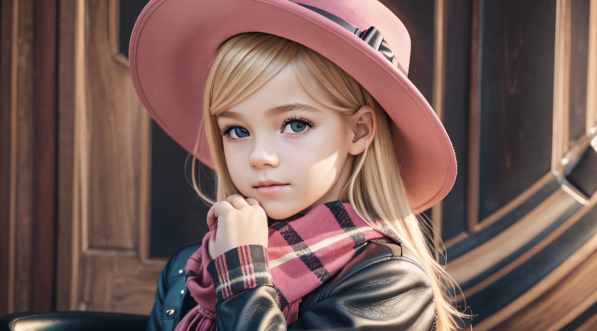 BLONDE CHILD girl,wearing a pink hat and scarf sitting on a black leather chair, photo from a promotional session, promotional photoshoot, young girl, beautiful young model, pink cowboy hat, young teenager, photo shoot, photoshoot, inspired by Toros Roslin, red dress and hat, modeling essay, young and beautiful girl, studio portrait photography,  photoshoot solo --auto --s2