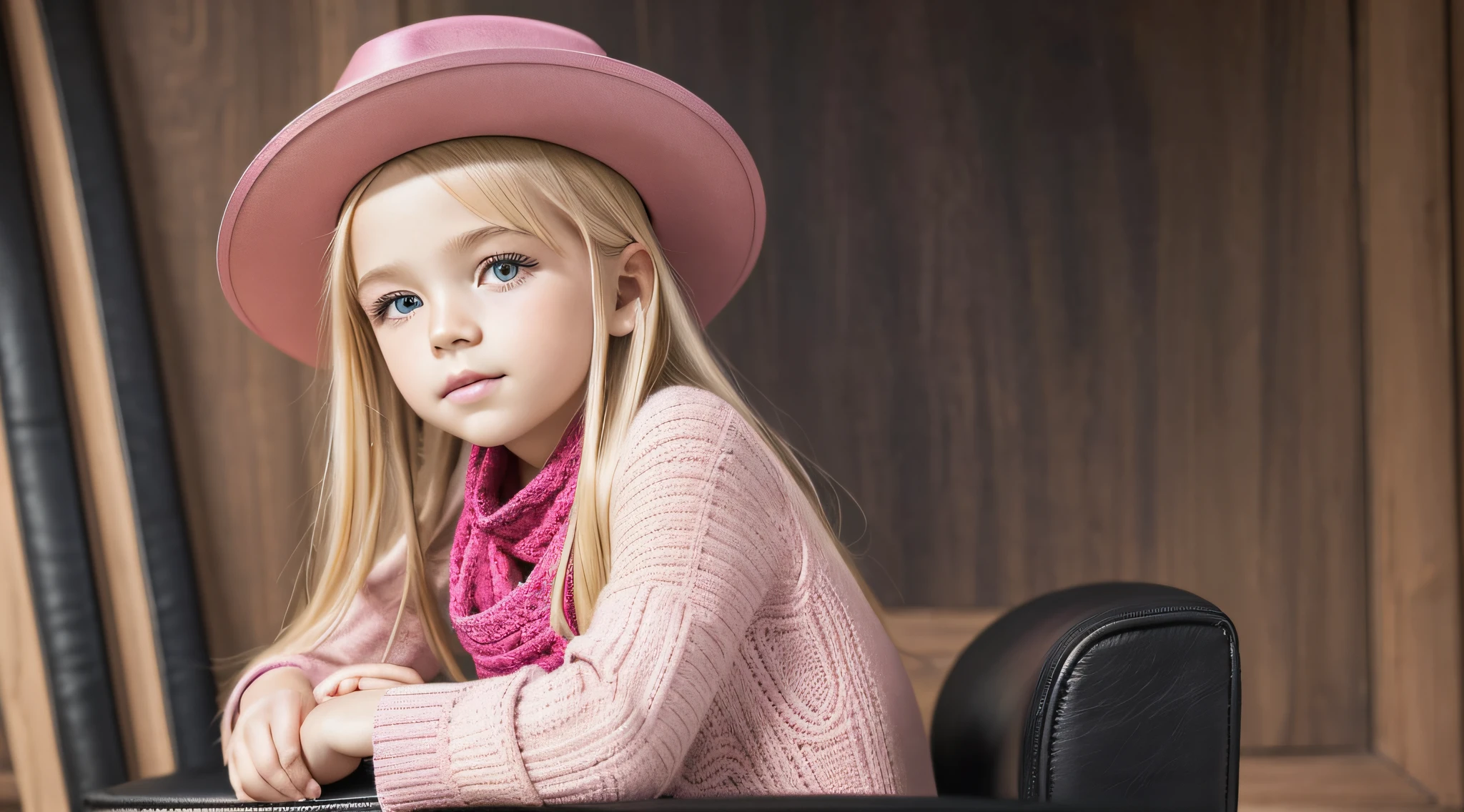 BLONDE CHILD girl,wearing a pink hat and scarf sitting on a black leather chair, photo from a promotional session, promotional photoshoot, young girl, beautiful young model, pink cowboy hat, young ager, photo shoot, photoshoot, inspired by Toros Roslin, red dress and hat, modeling essay, young and beautiful girl, studio portrait photography, photoshoot solo --auto --s2