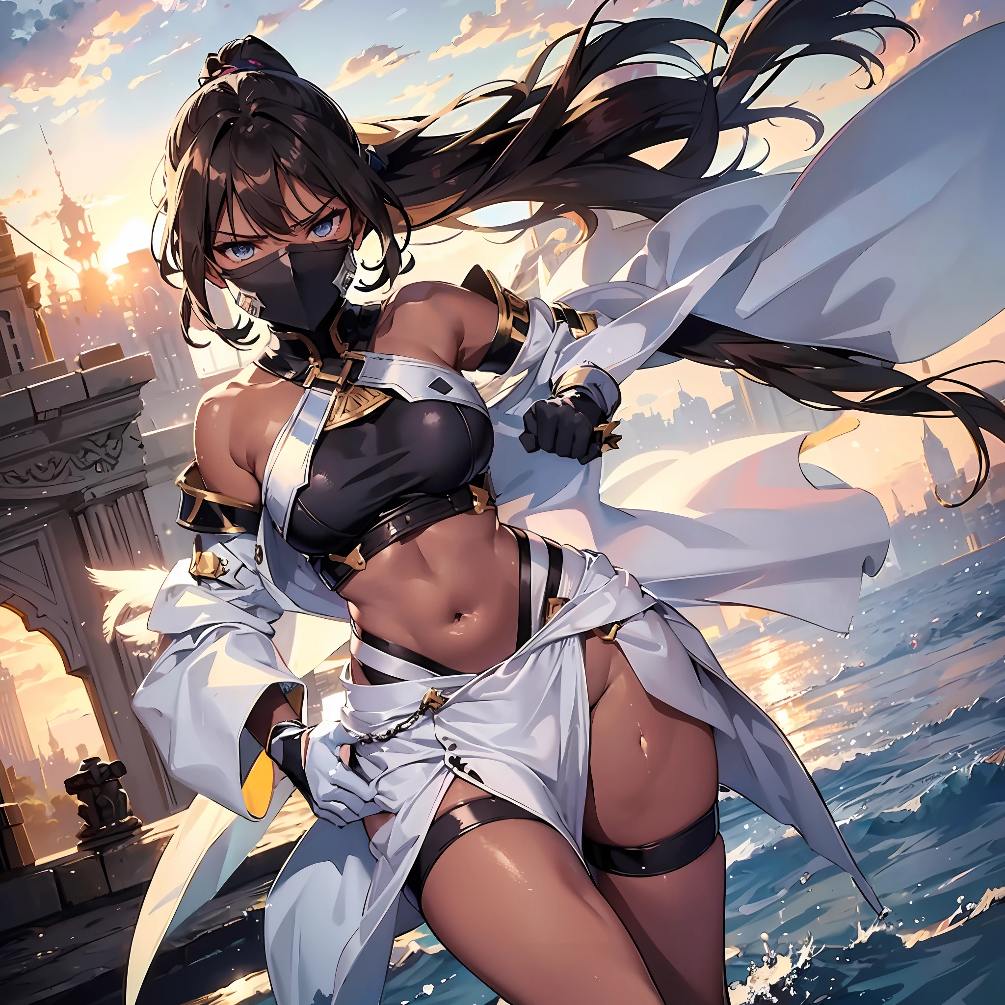 fantasy, 1angel_girl, brown_hair, ponytail_hair, (dark_skin)+, bare_shoulder, navel, thigh,silver_shiny_armor, white_clothes,waist_armor, glebe, hold_swords, big_, angry, dynamic_fighting_pose, floating, (1pair_white_wings), sunrise_city_background,(pelvic_curtain)++, open_mouth, headgear, large_ass, public_indecency,