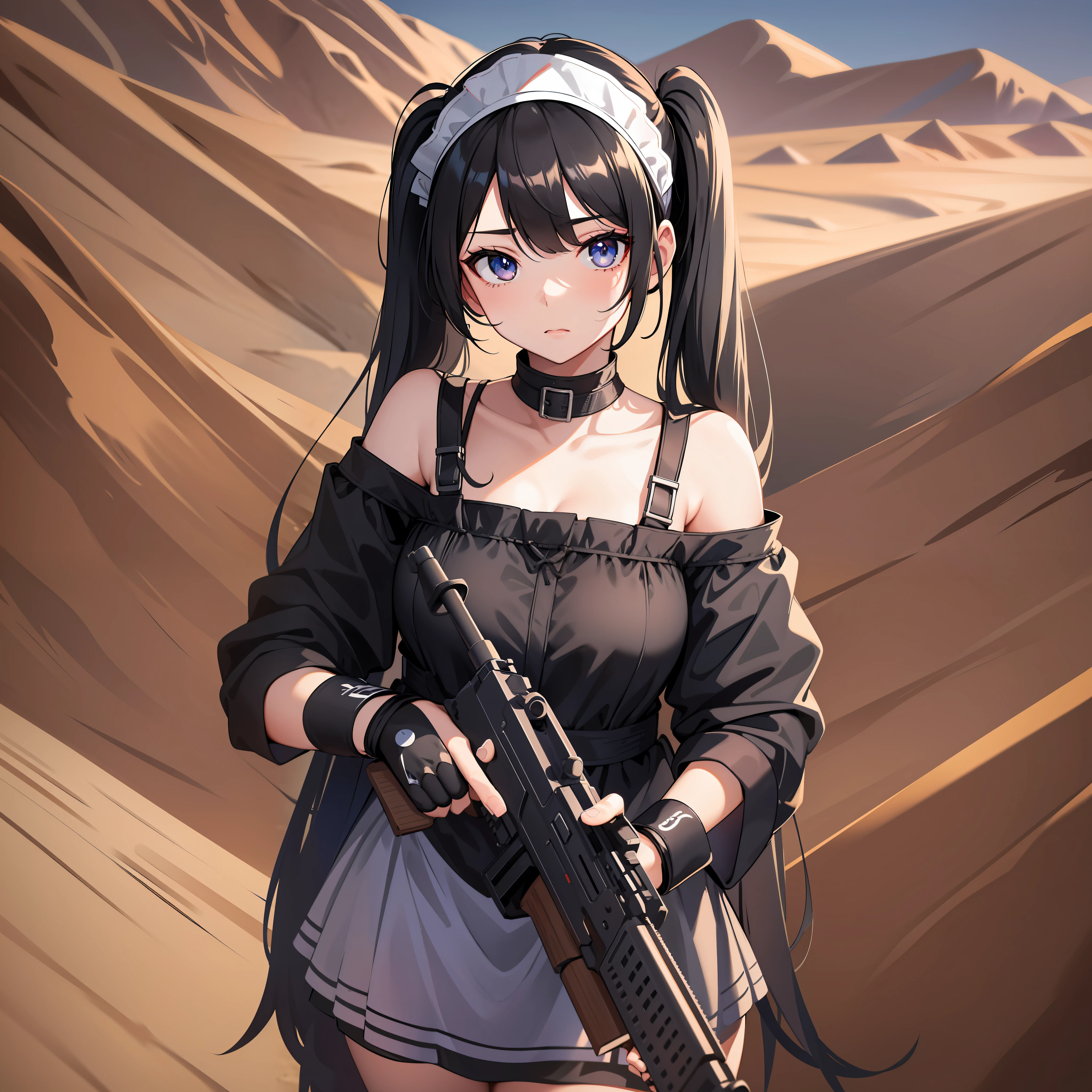 Adult female, Shooting style with scope rifle, wear maid dress off shoulder, stocking, perfect face, beautiful eyes, black long Hair in two pigtails, Standing in the middle of the desert, Night, Wearing a headband, black eyes, variation angle