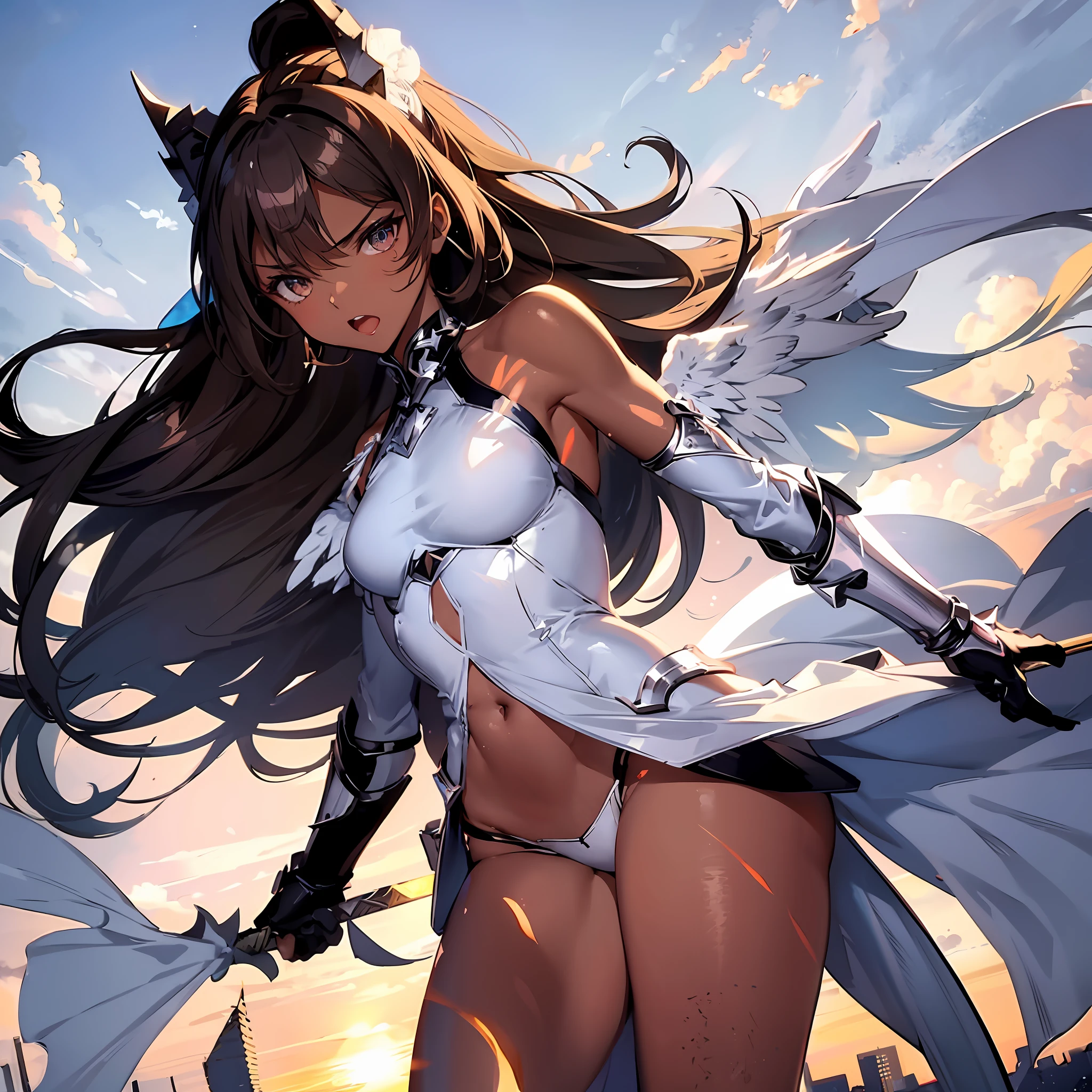 fantasy, 1angel_girl, , brown_hair, ponytail_hair, (dark_skin)+, bare_shoulder, navel, thigh,silver_shiny_armor, white_clothes,waist_armor, glebe, hold_swords, big_, angry, dynamic_fighting_pose, floating, (1pair_white_wings), sunrise_city_background,(pelvic_curtain)++, open_mouth, headgear, large_ass, public_indecency,