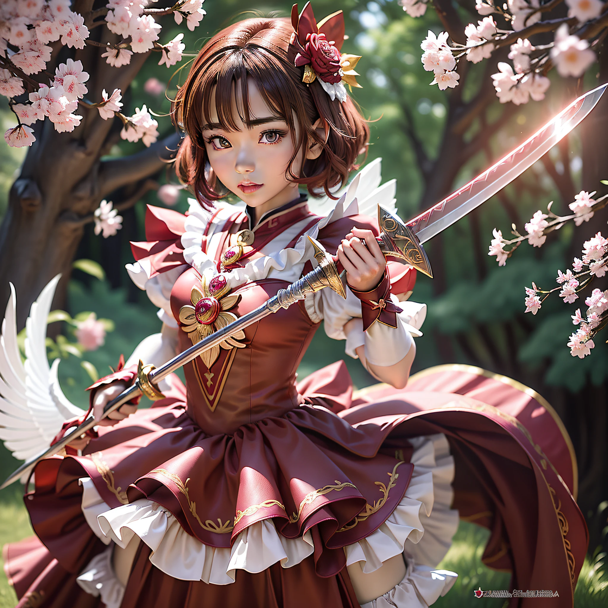 a close up of a woman in a red dress holding a sword, sakura from cardcaptor sakura, cardcaptor sakura, anime girl cosplay, anime cosplay, annie from league of legends, ayaka cosplay, portrait of magical girl, sakura kinomoto, cosplay photo, remilia scarlet from touhou, ornate cosplay, magical girl, cosplay, cosplayer