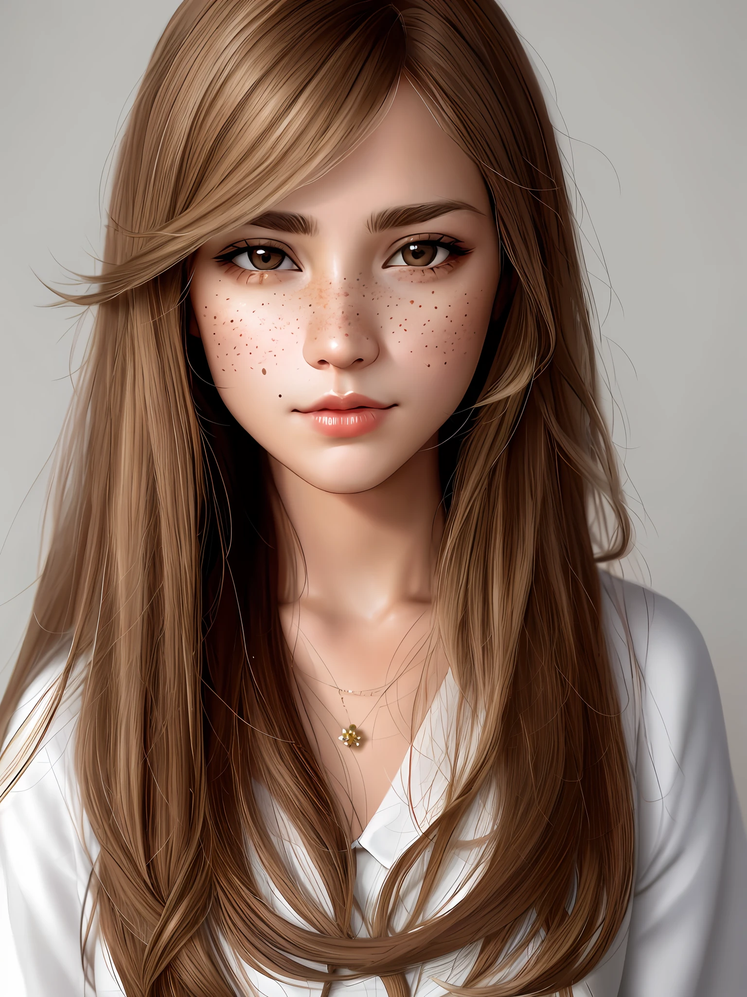 White woman, Brazilian, dark blonde hair wavy, almond brown eyes, with freckles small and rounded nose, hexagonal face with straight side, with serious expression, with red dress, Mary Jane shoes.