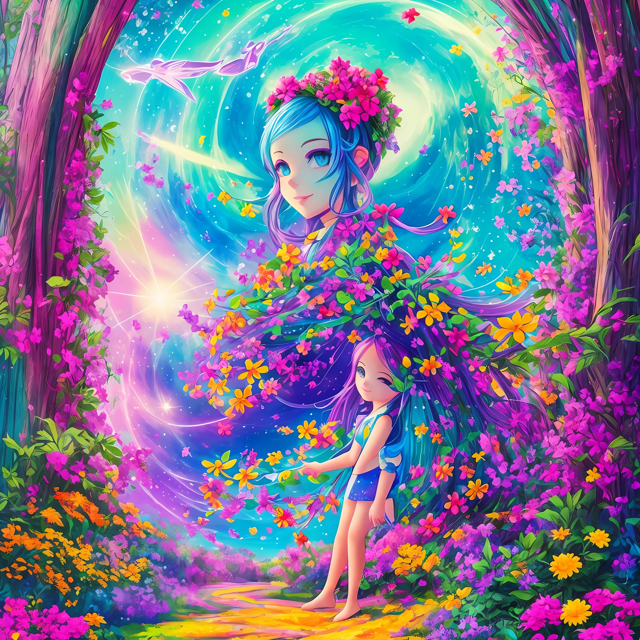 magical planet, where everything is vibrant and full of colors. She marvels at the exuberance around her, where bright trees and flowers and a colorful alien --auto --s2