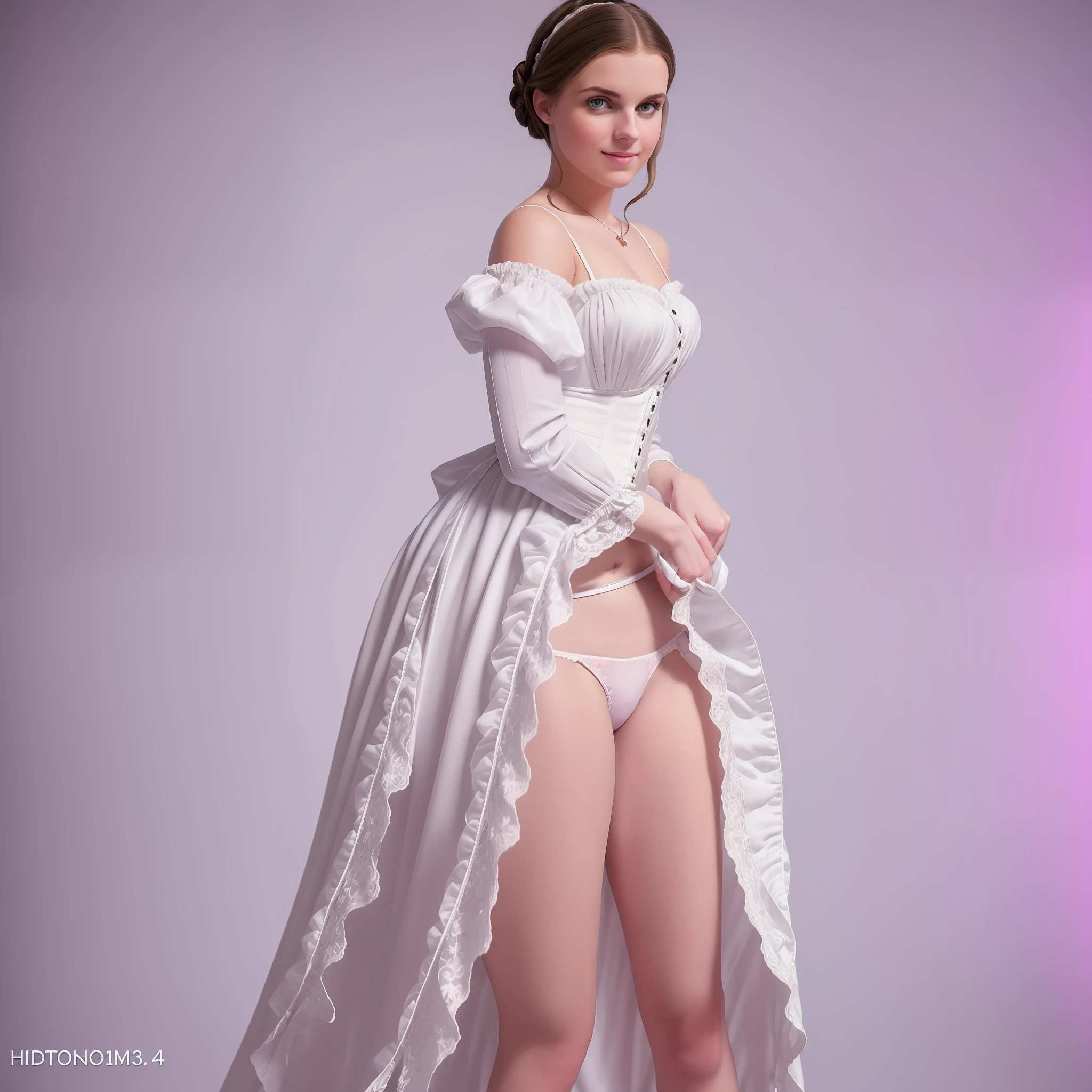 Full-length view (white background: 1.2) (1girl: 1.8) (studio portrait of a 25-year-old girl with a Victorian hairstyle, lifting her skirt and showing off her panties), (skirtlift) (in a Victorian long dress
19th-century sleeves intimate, detailed: 1.3), (bright lighting: 1.3) (panties: 1.3), (very detailed face: 1.4), (8k, uhd, DSLR, high quality, bright lighting, bokeh), (dramatic, award-winning photography, incredible masterpiece: 1.3)